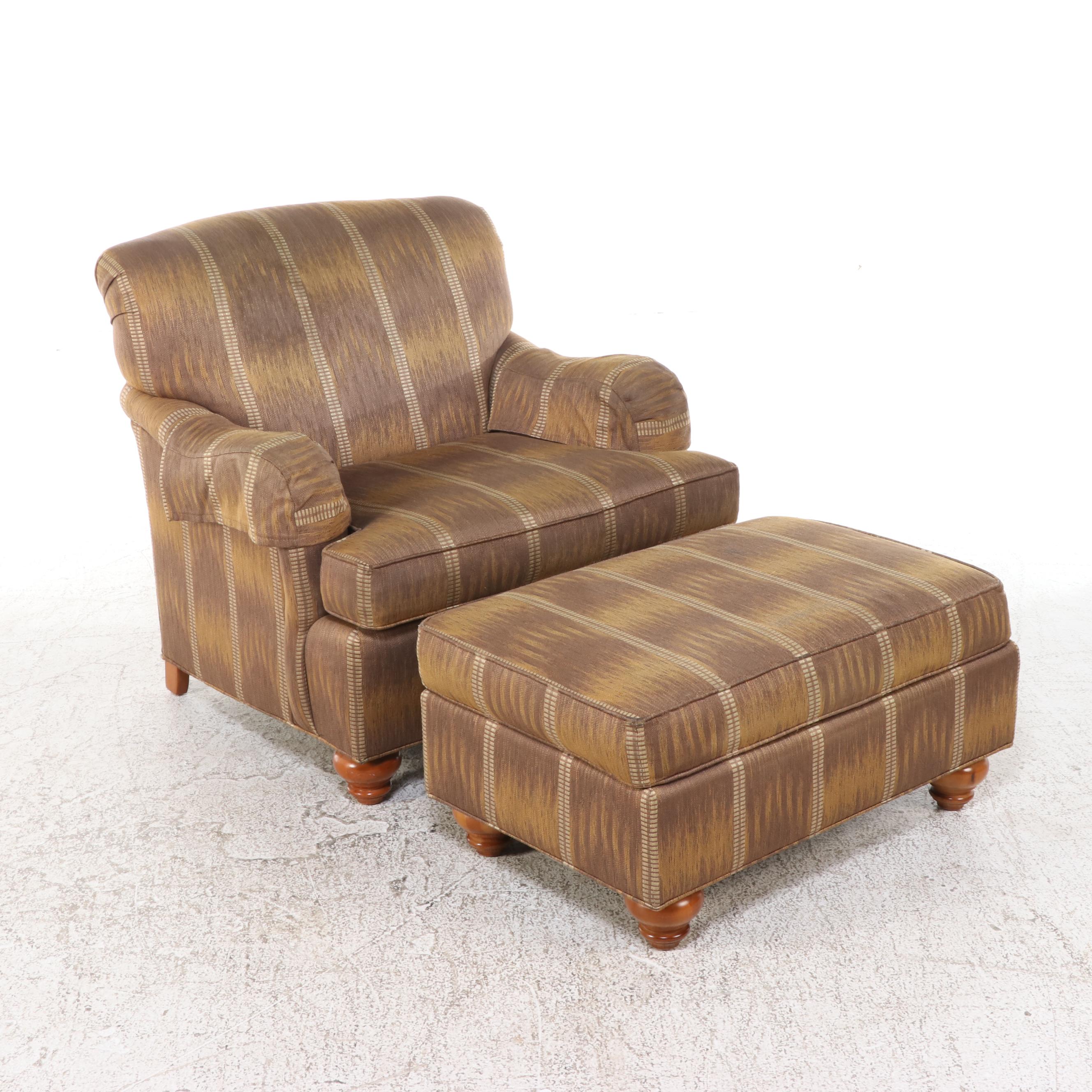 Ethan Allen Striped Upholstered Armchair with Ottoman