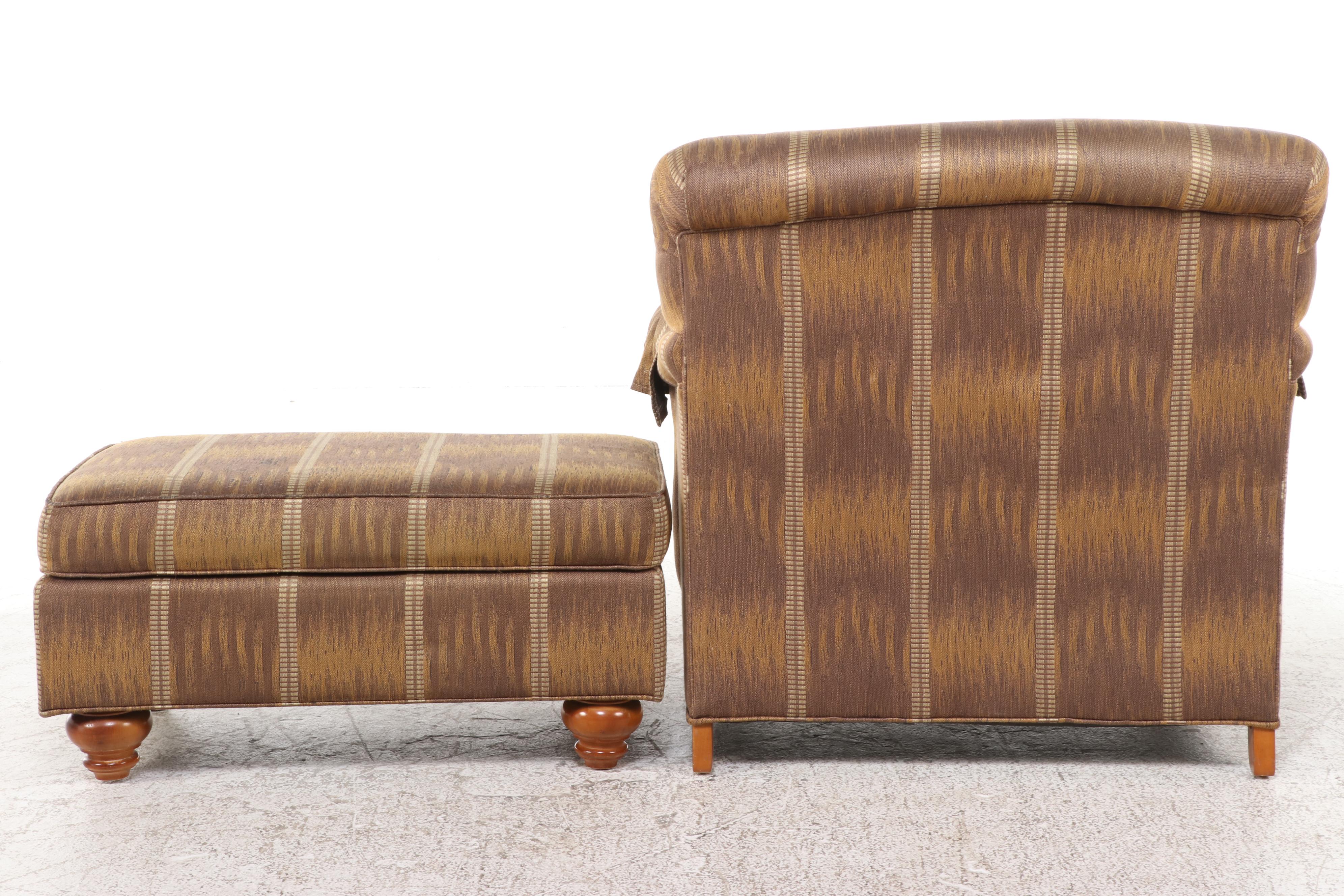 Ethan Allen Striped Upholstered Armchair with Ottoman