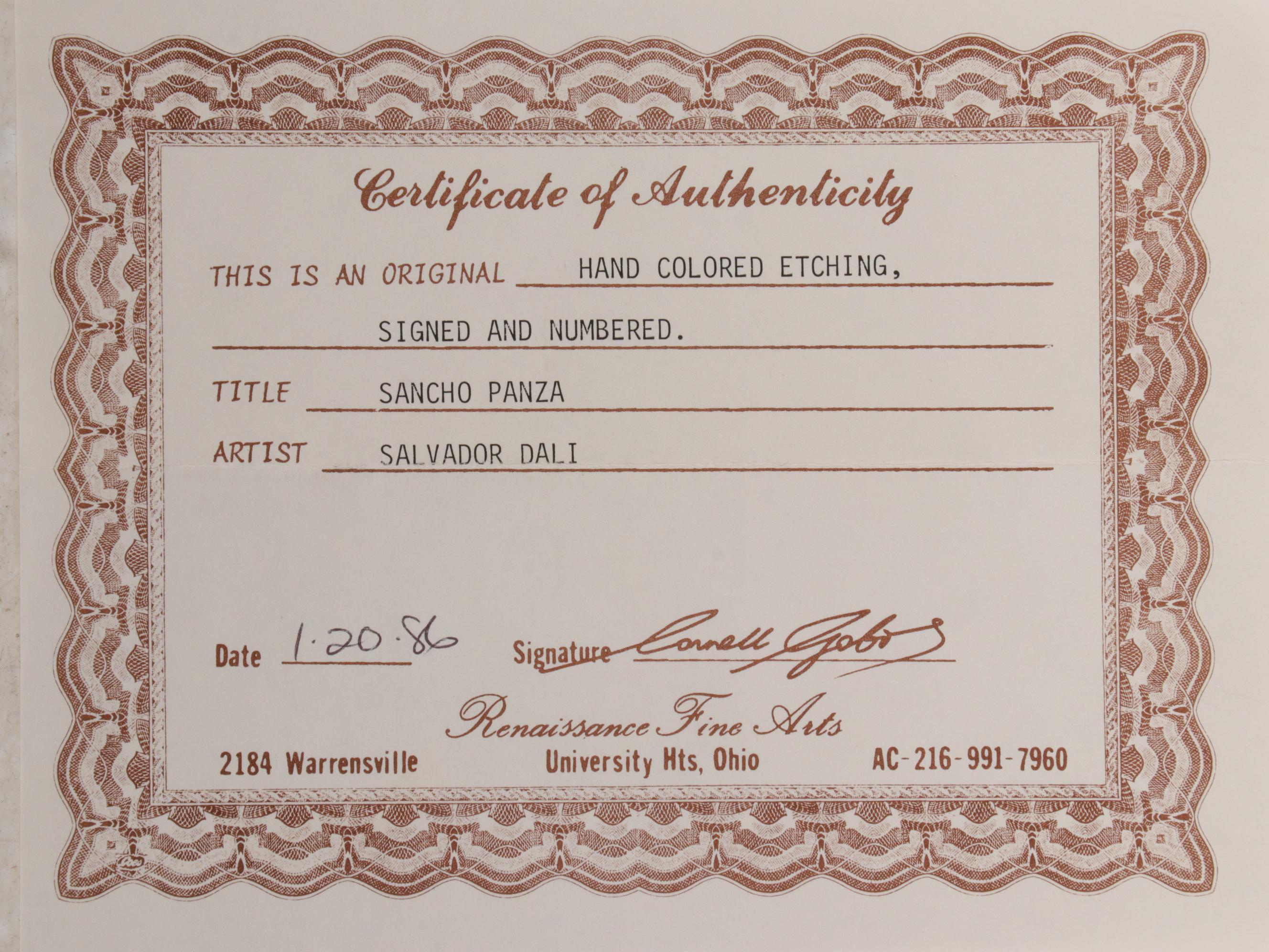 Salvador Dalí Hand-Colored Etching "Sancho Panza"