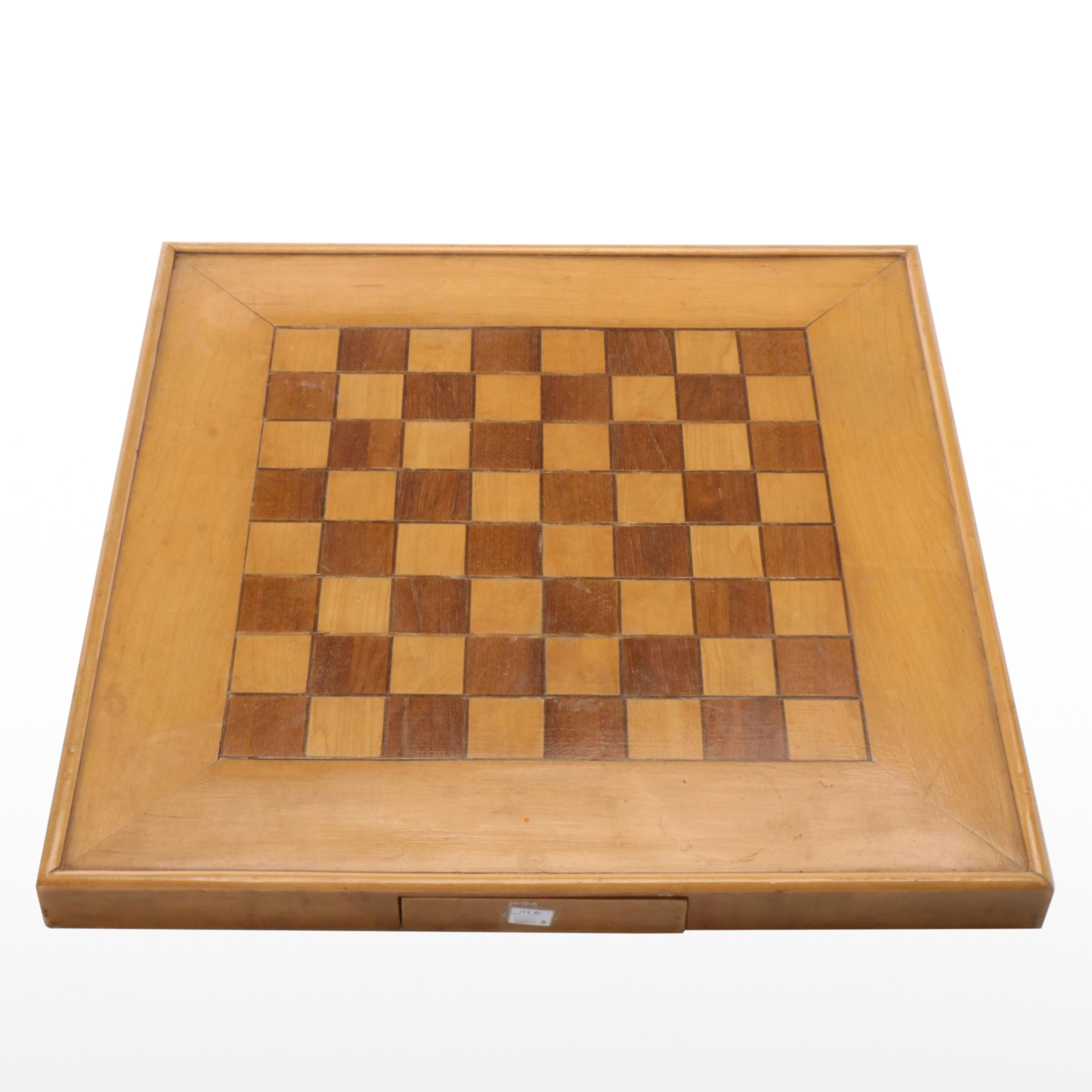 Inlaid Wood Checkerboard with Game Pieces, Early 20th Century