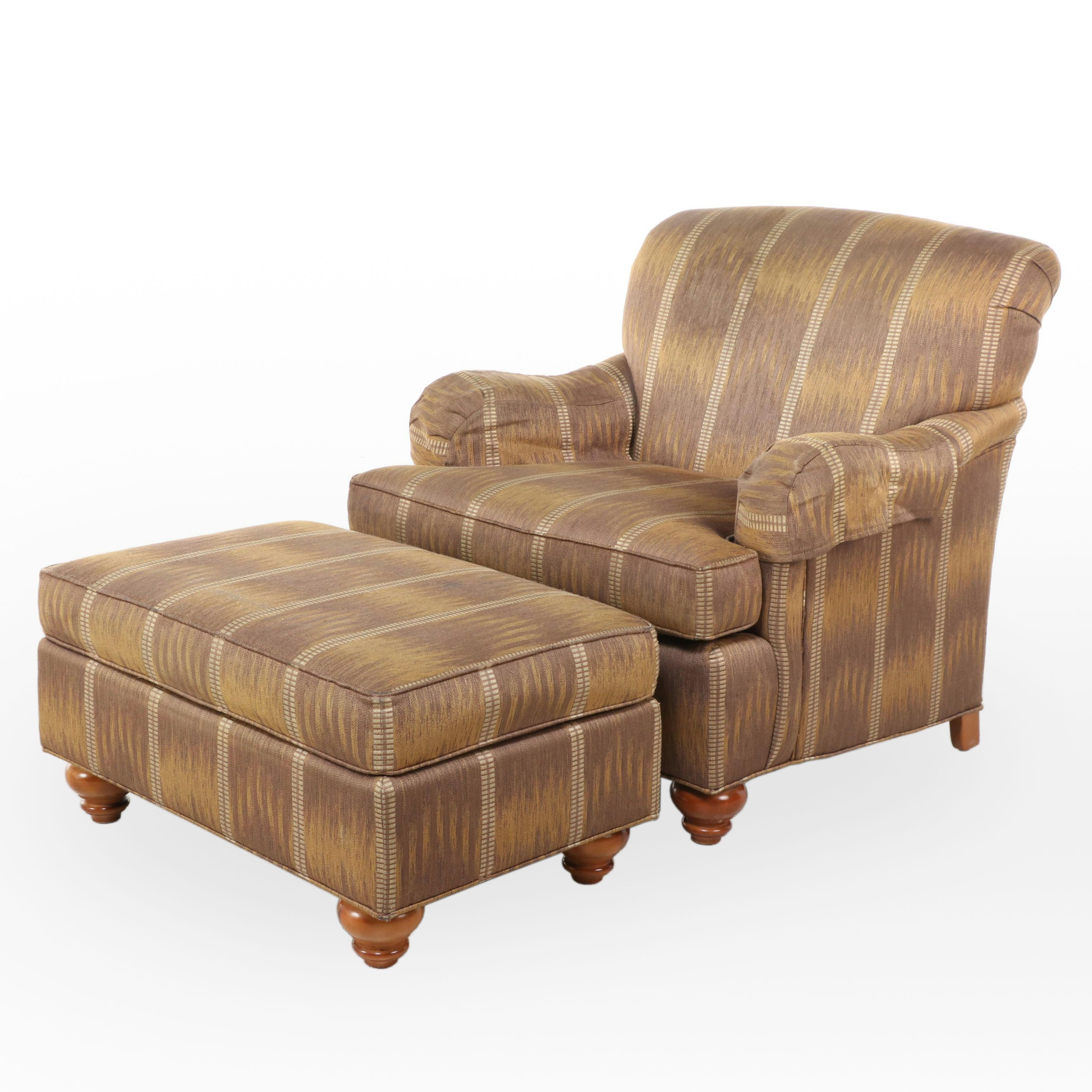 Ethan Allen Striped Upholstered Armchair with Ottoman