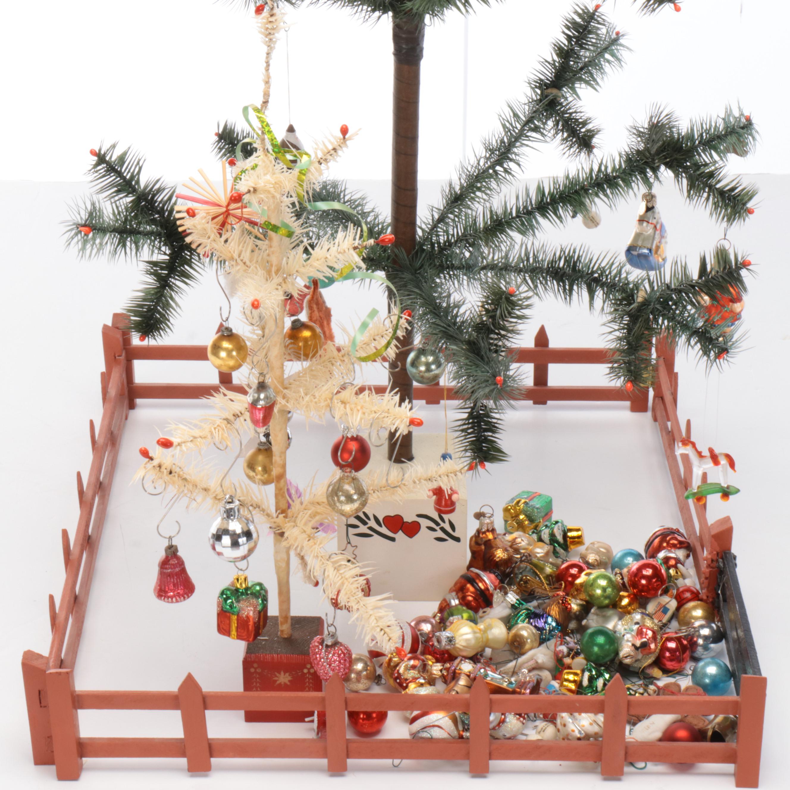 Vintage Feather Christmas Trees With German Glass Ornaments and More