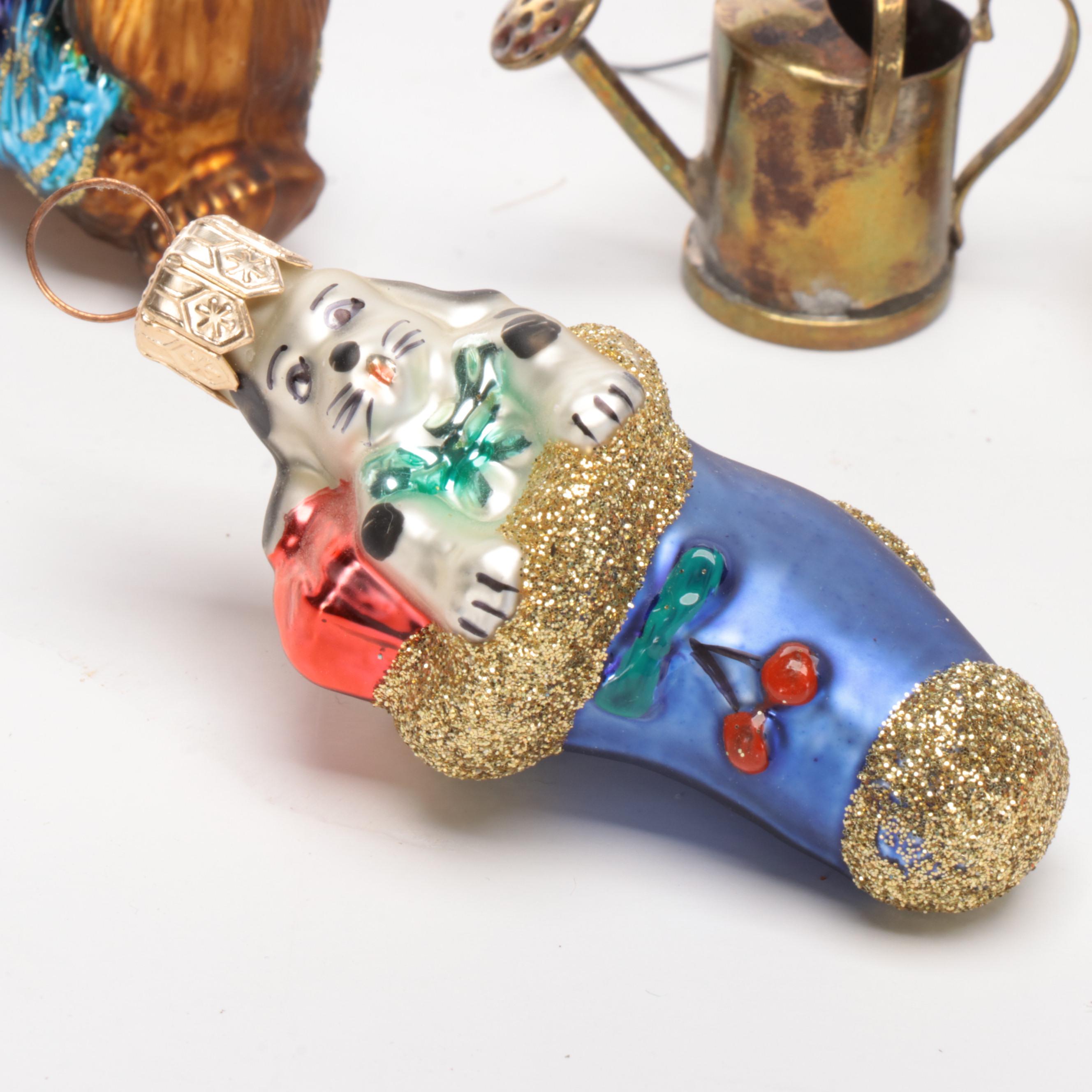 Vintage Feather Christmas Trees With German Glass Ornaments and More