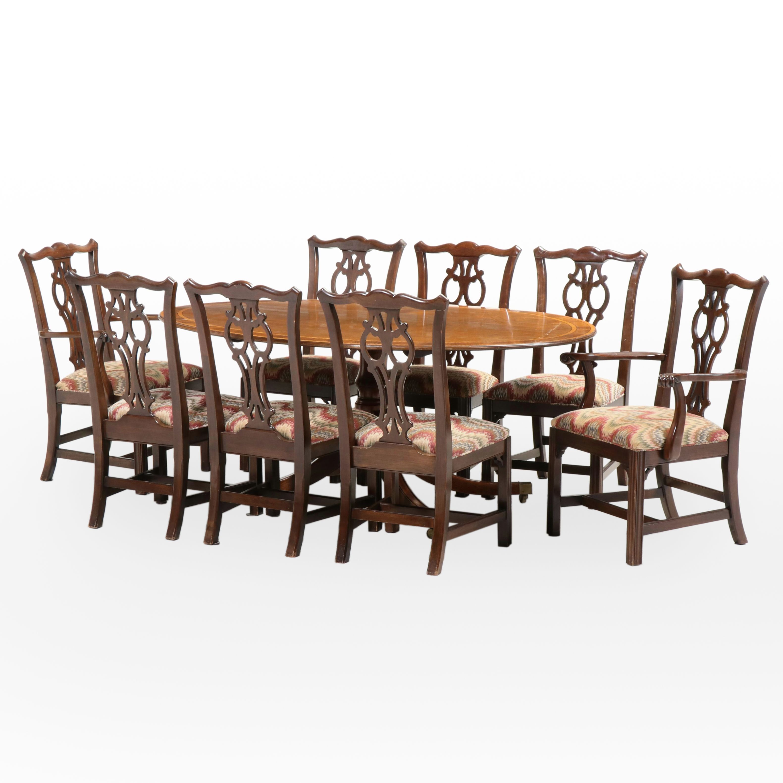 Nine-Piece Dining Set with Sheraton Style Table and Chippendale Style Chairs