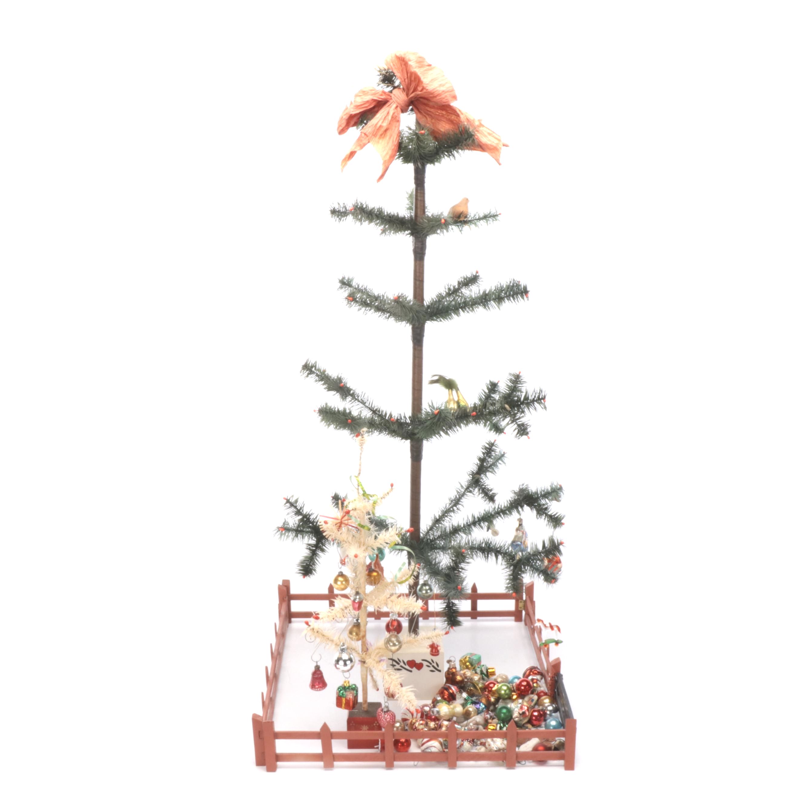 Vintage Feather Christmas Trees With German Glass Ornaments and More