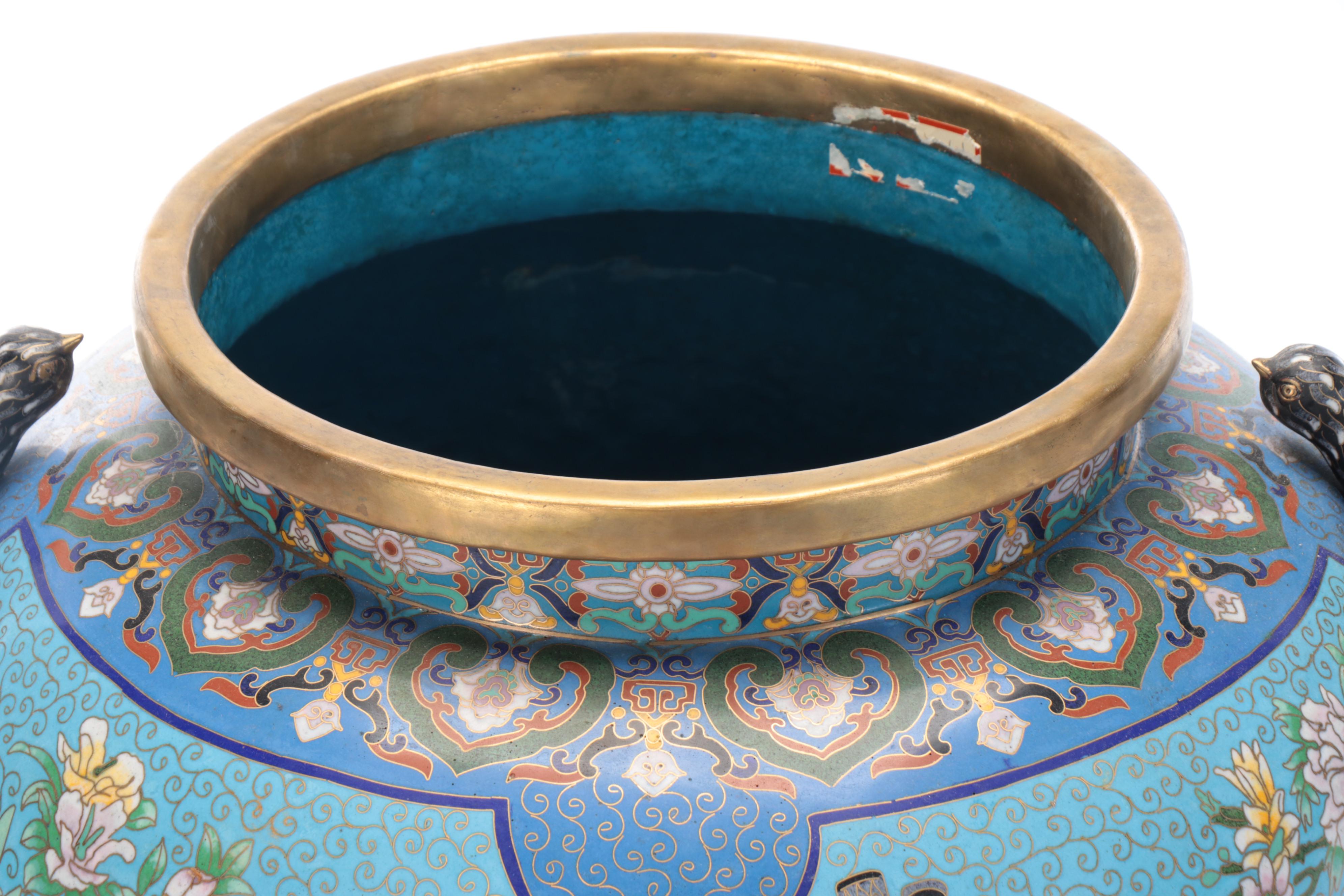 Chinese Cloisonné Vase with Attached Figural Bird Handles