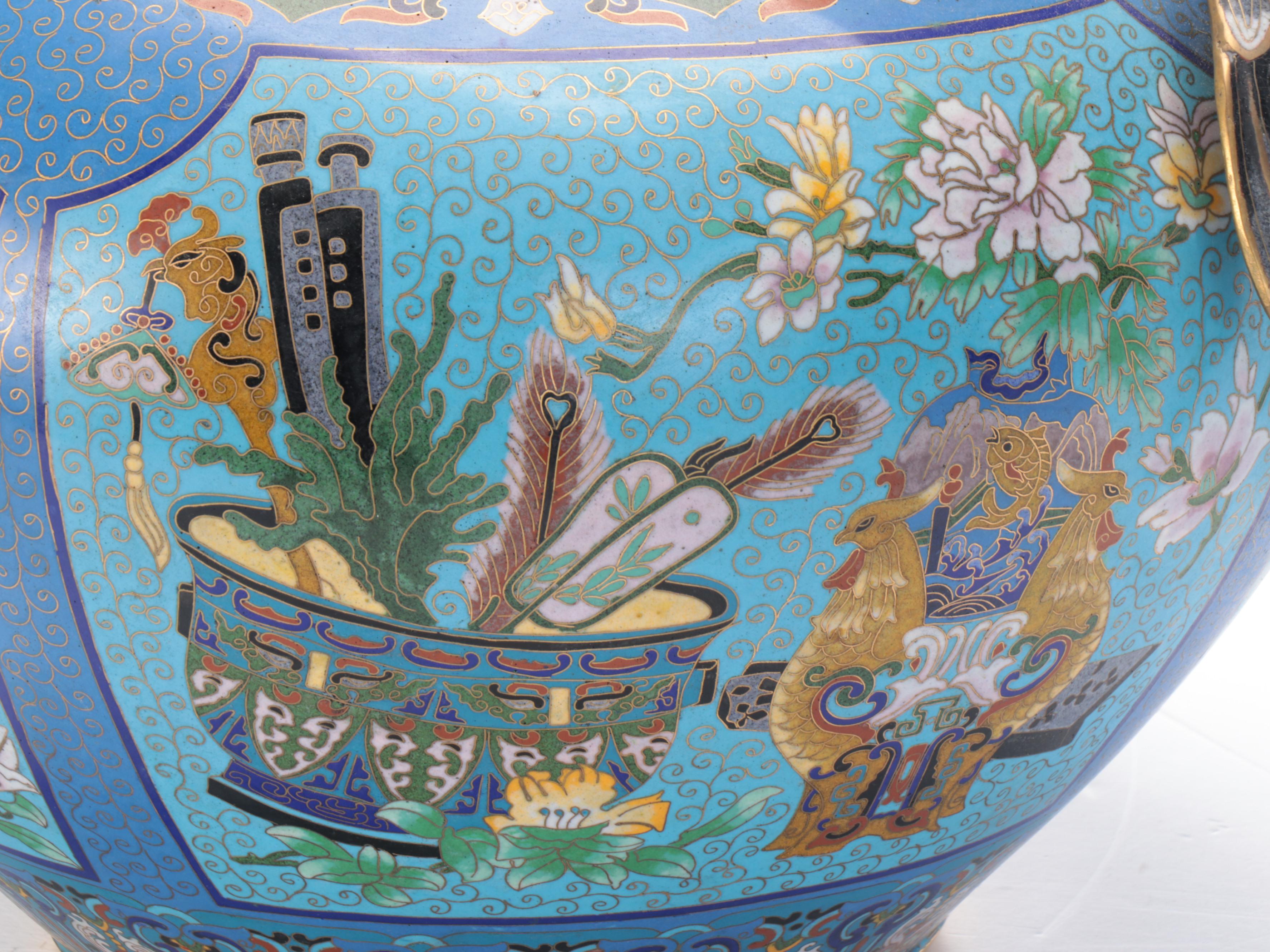 Chinese Cloisonné Vase with Attached Figural Bird Handles