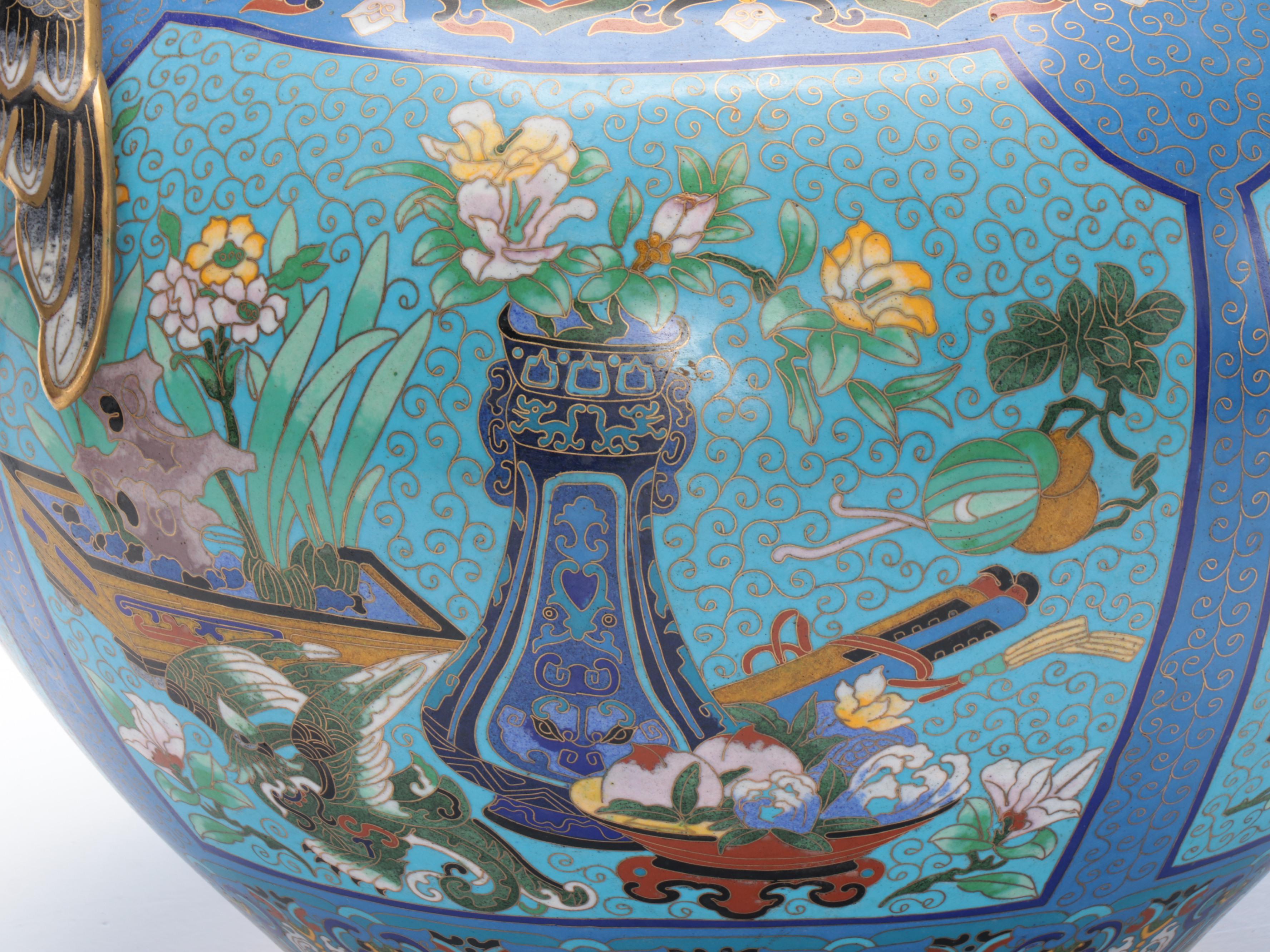 Chinese Cloisonné Vase with Attached Figural Bird Handles