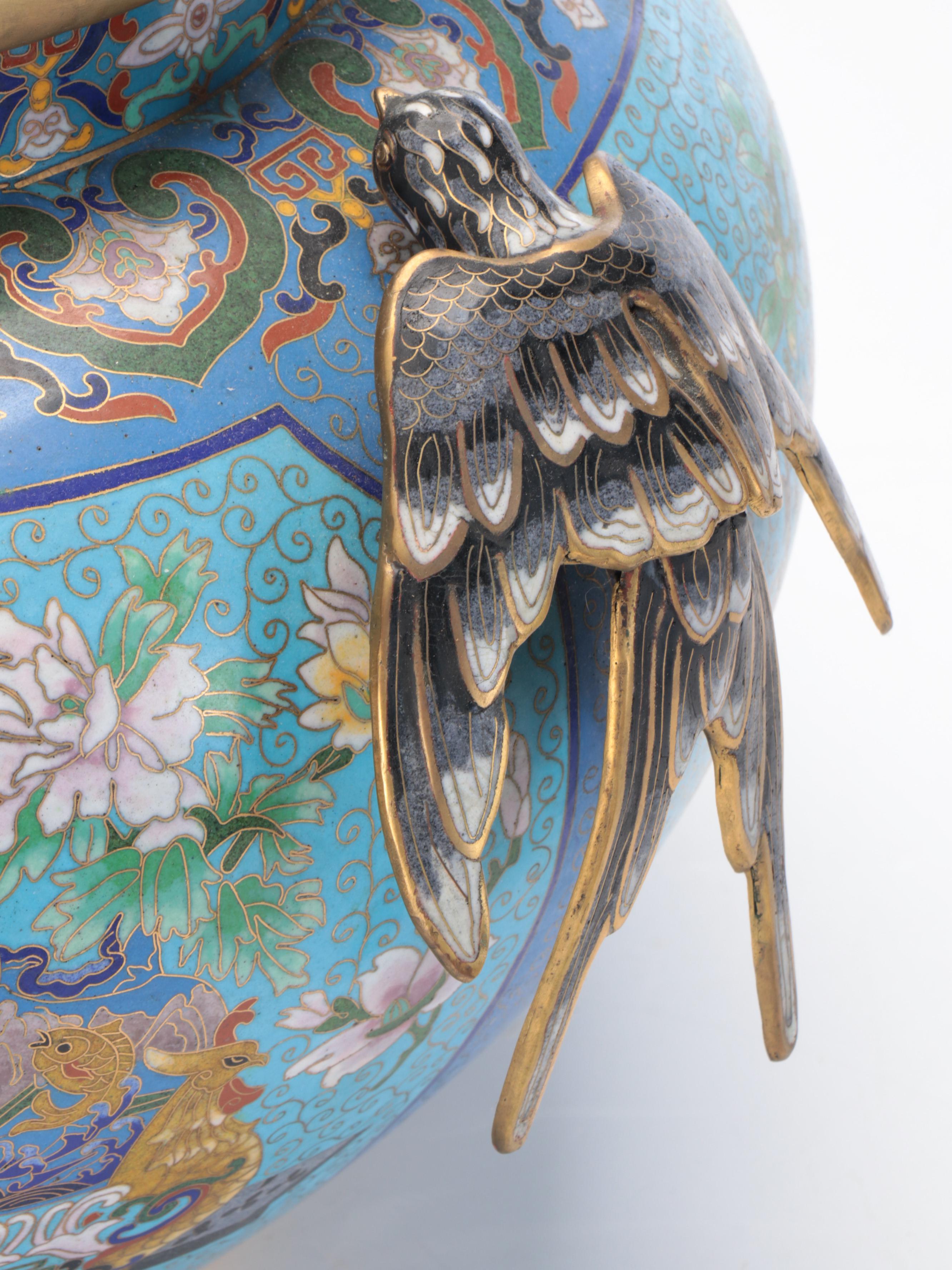 Chinese Cloisonné Vase with Attached Figural Bird Handles