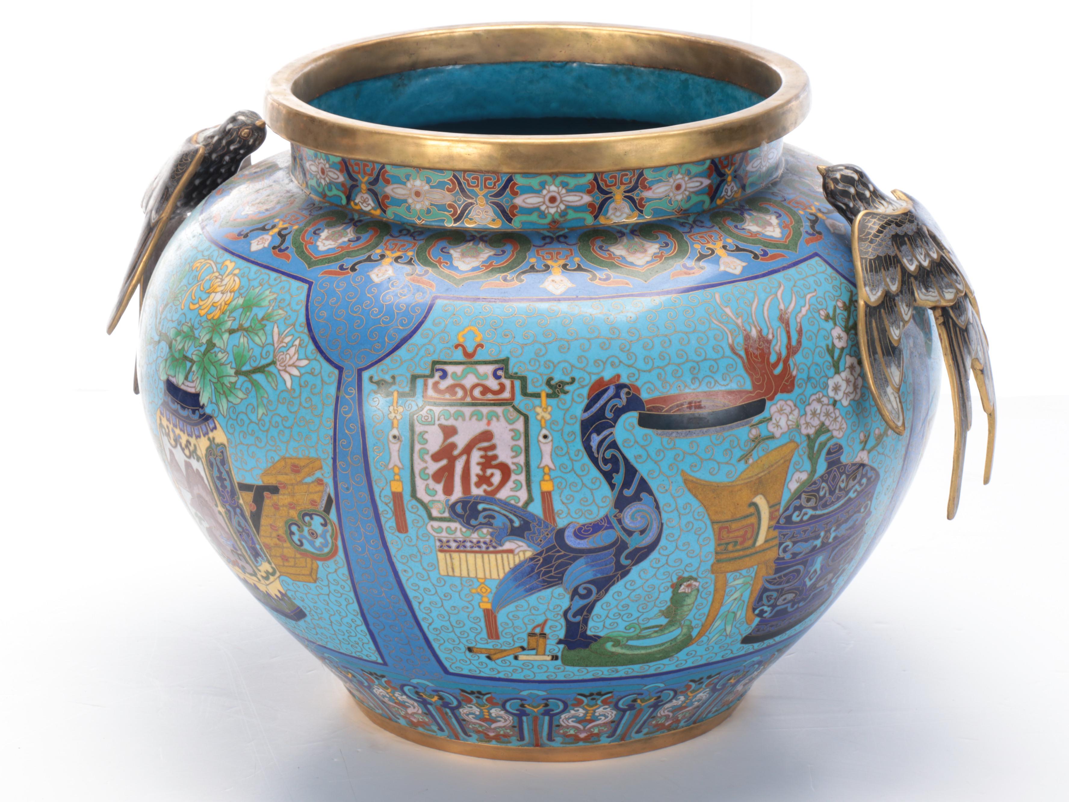 Chinese Cloisonné Vase with Attached Figural Bird Handles