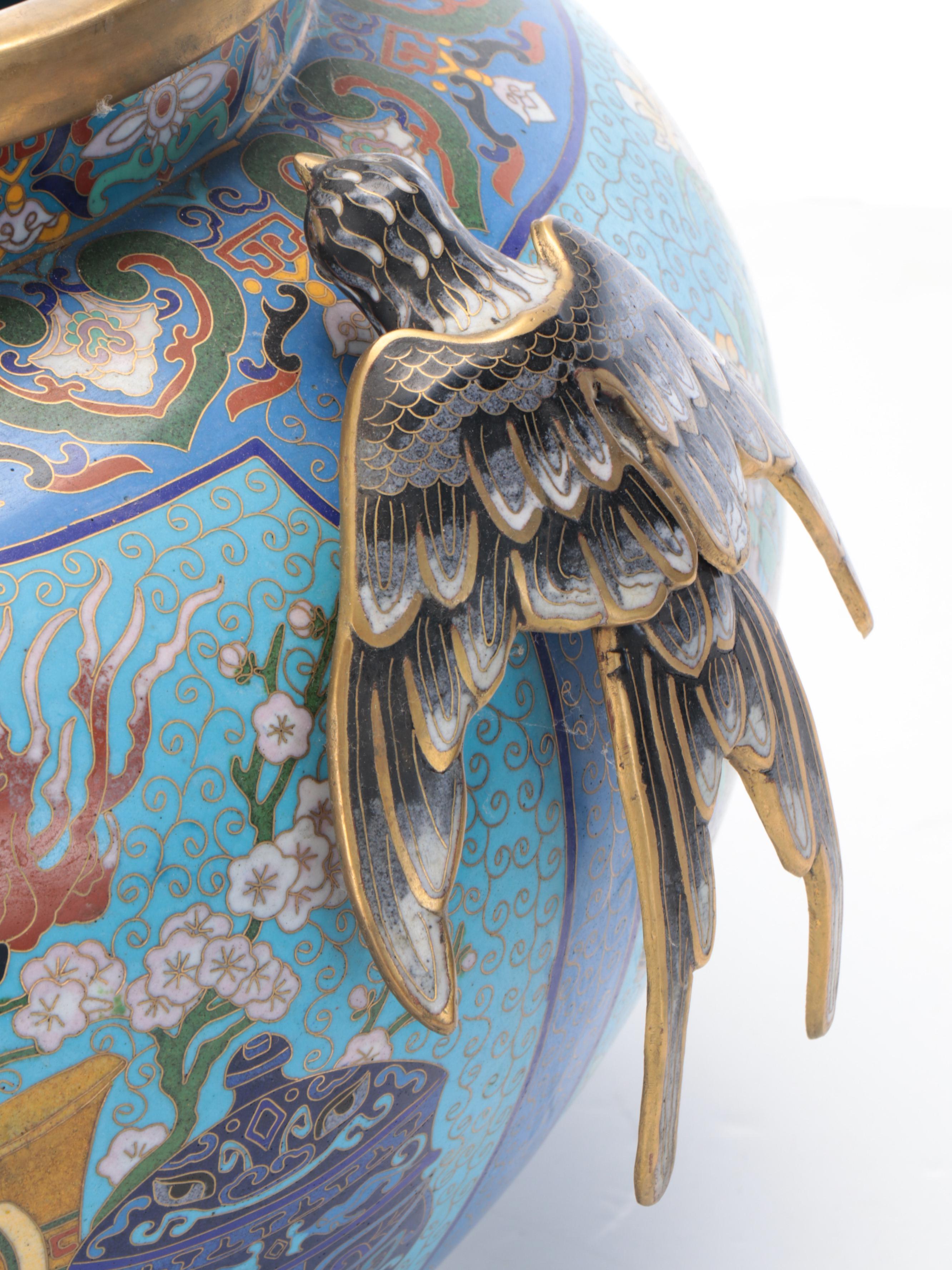Chinese Cloisonné Vase with Attached Figural Bird Handles