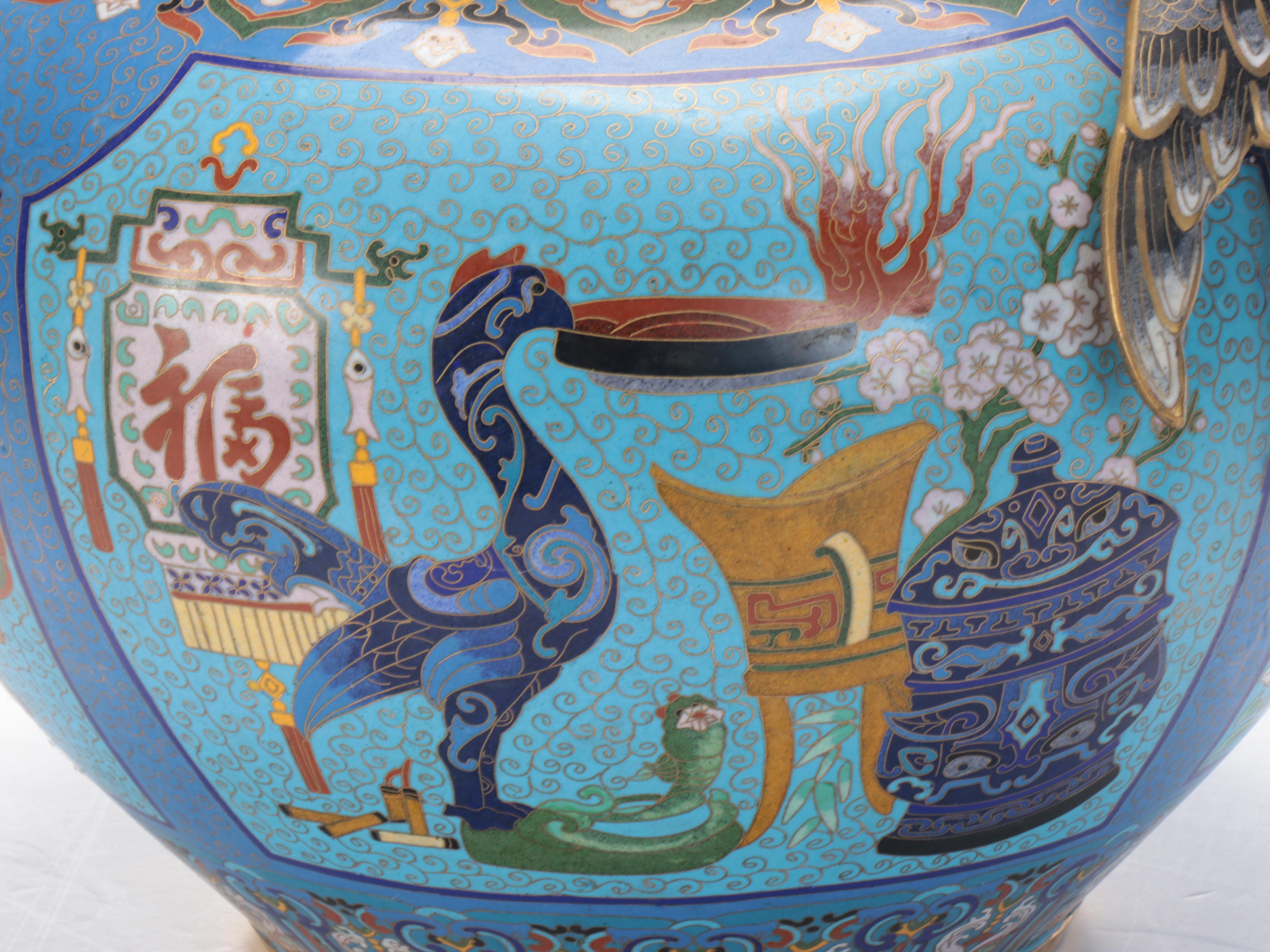 Chinese Cloisonné Vase with Attached Figural Bird Handles
