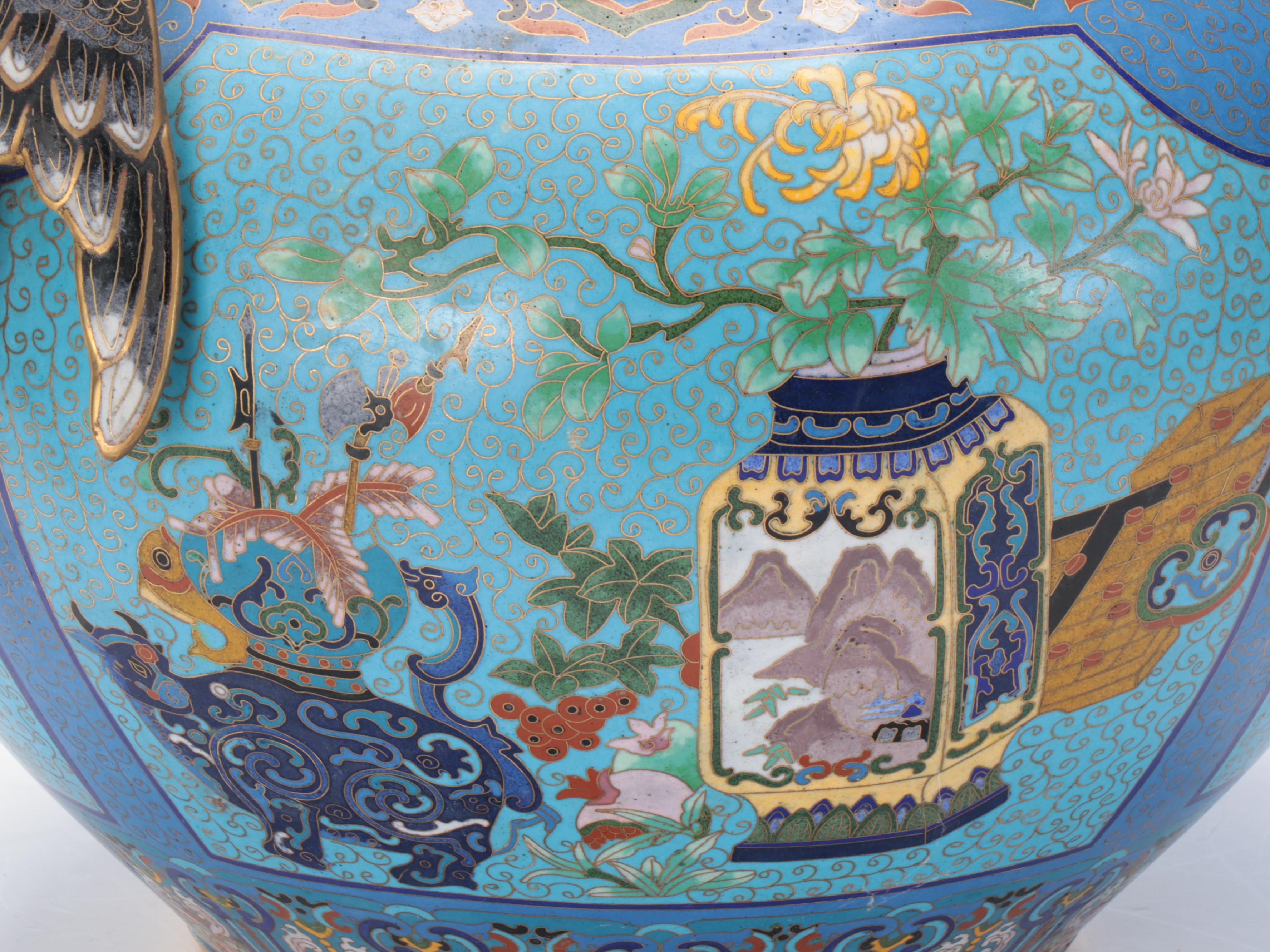 Chinese Cloisonné Vase with Attached Figural Bird Handles
