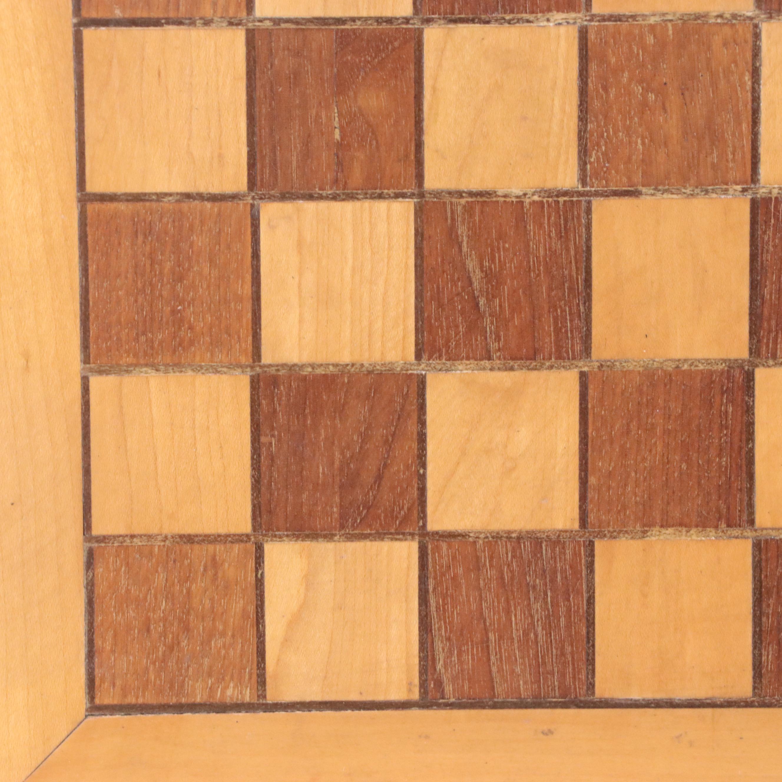 Inlaid Wood Checkerboard with Game Pieces, Early 20th Century