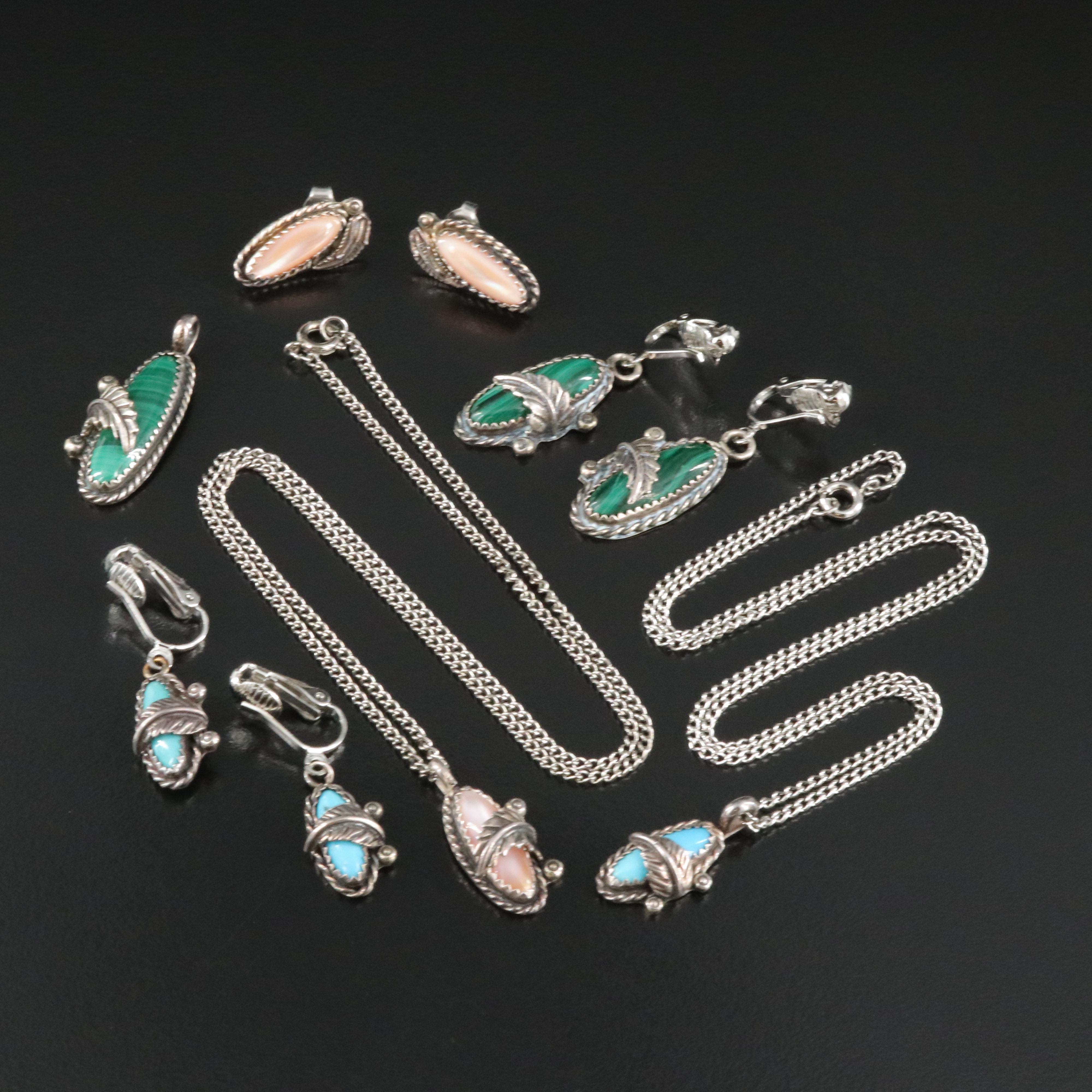 Southwestern Sterling Malachite, Mother-of-Pearl and Faux Turquoise Jewelry