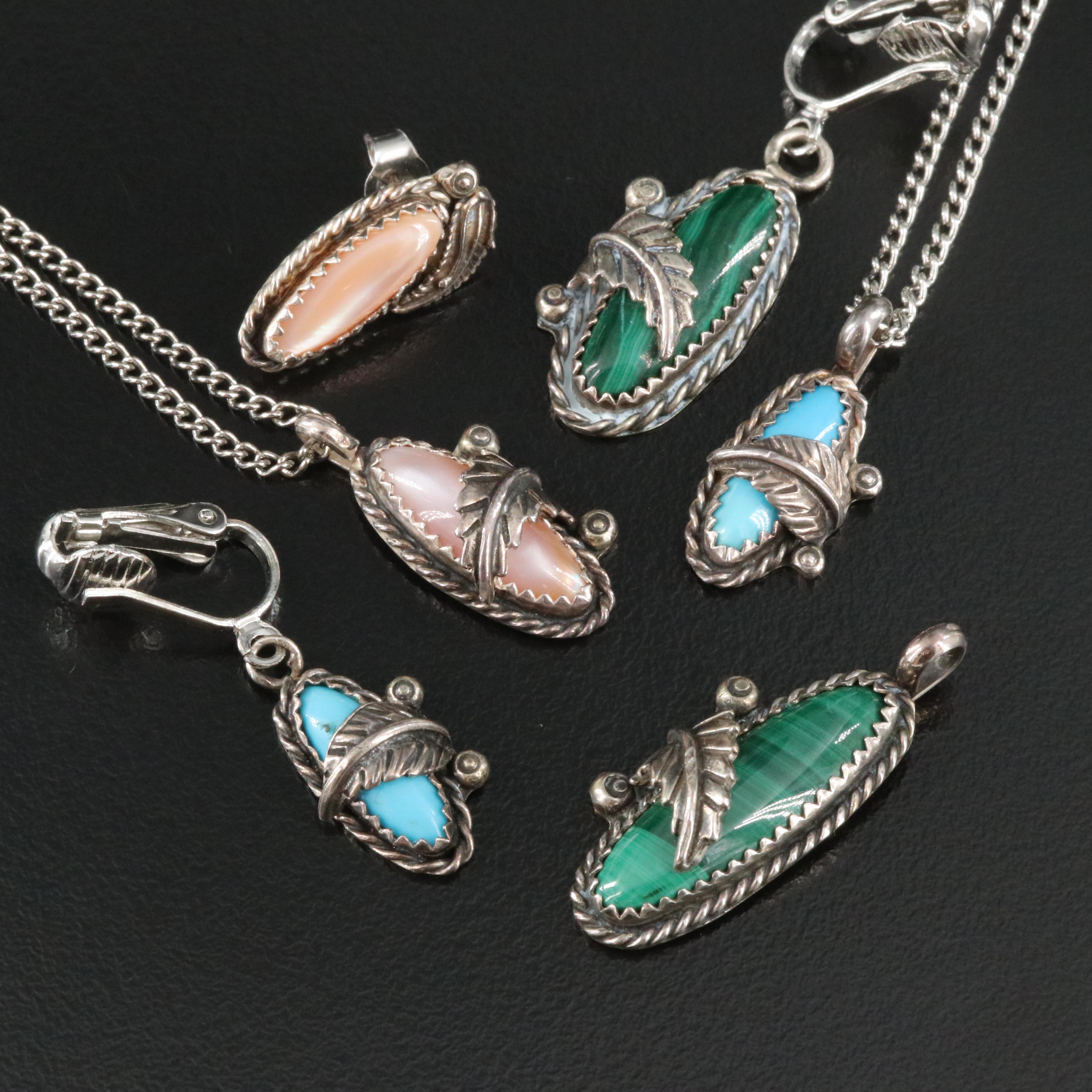 Southwestern Sterling Malachite, Mother-of-Pearl and Faux Turquoise Jewelry