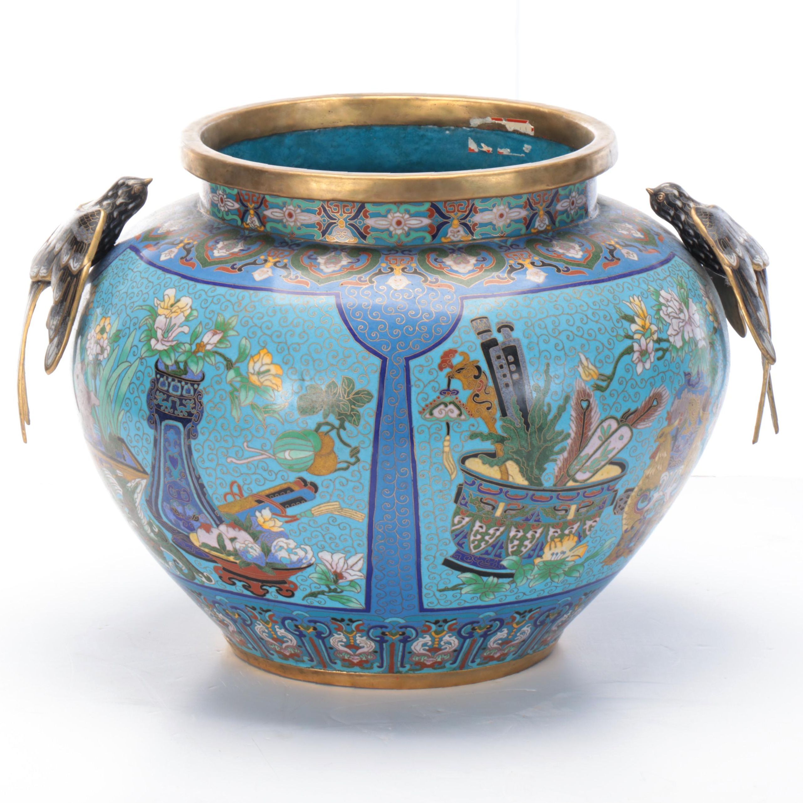Chinese Cloisonné Vase with Attached Figural Bird Handles