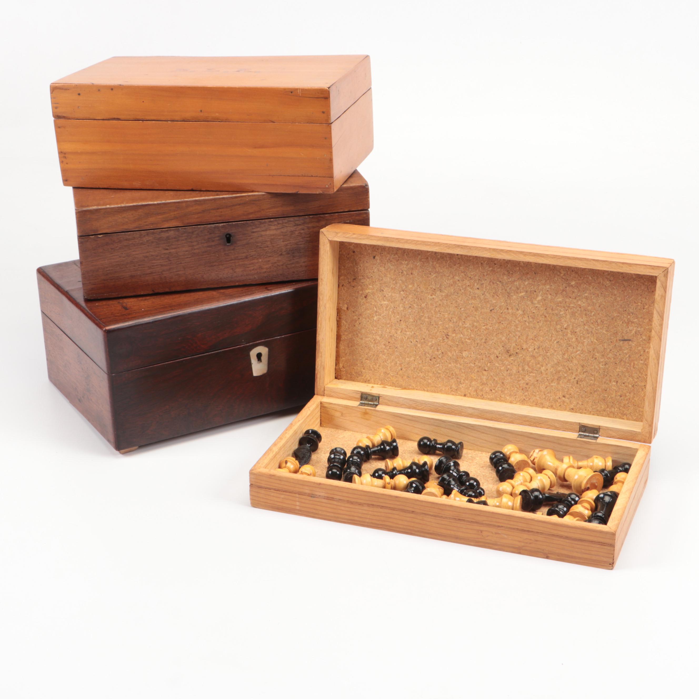 Hand-Carved Wood Chess Board with Finished Wood Boxes