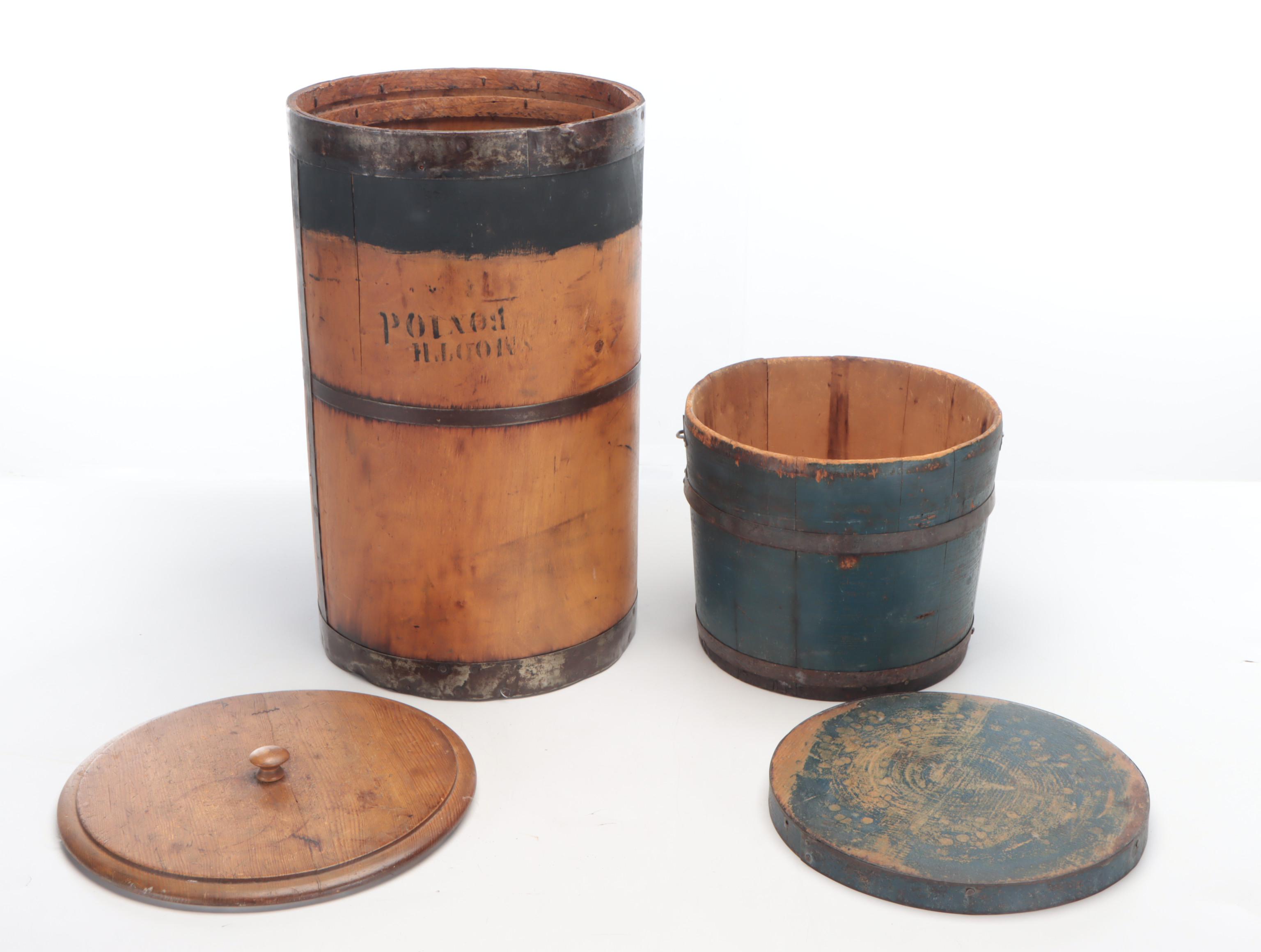 Painted Wood and Metal Lidded Round Box and Lidded Barrel