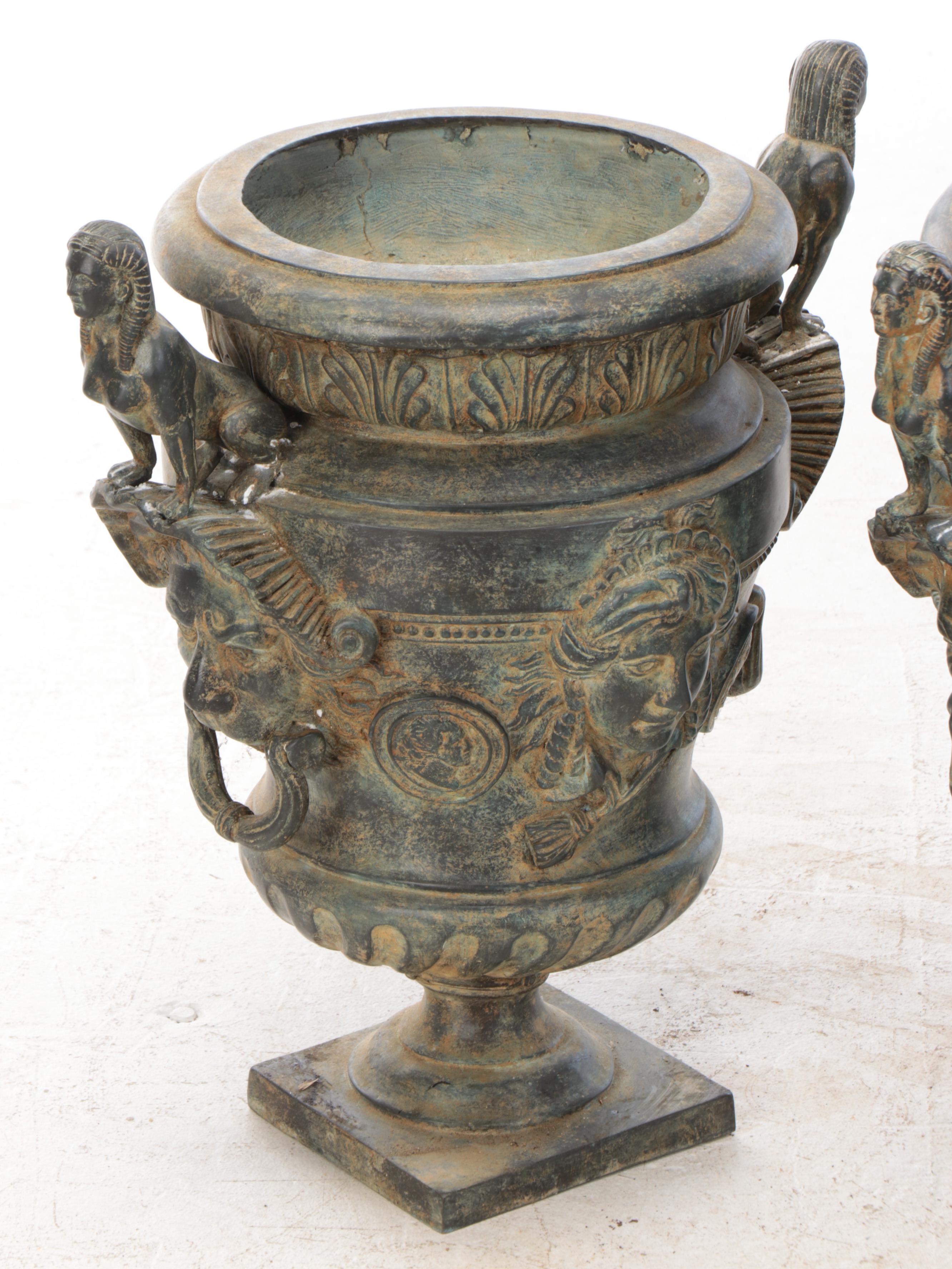 Egyptian Revival Style Garden Urns With Sphinx Handles and Mascarons
