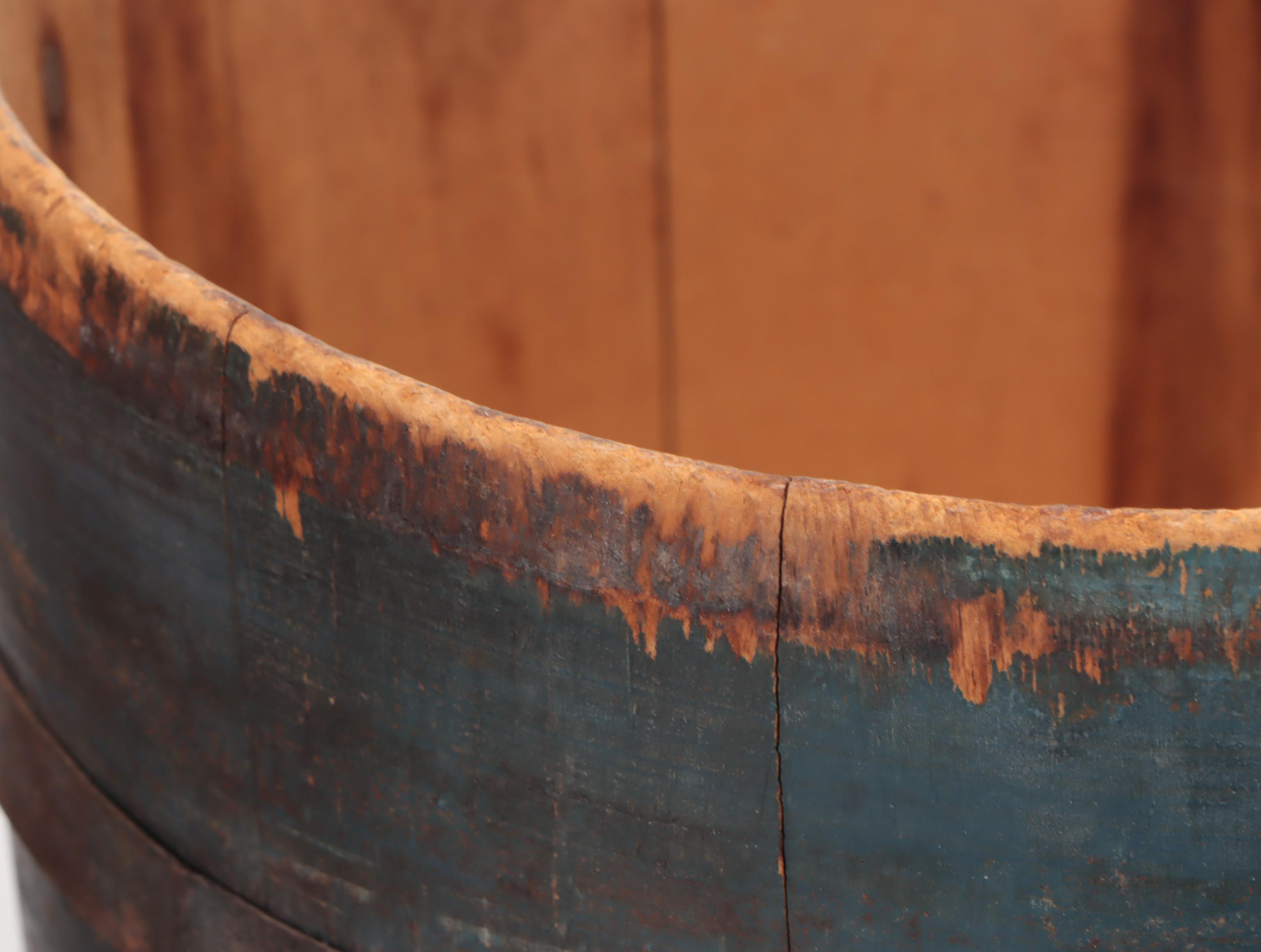 Painted Wood and Metal Lidded Round Box and Lidded Barrel