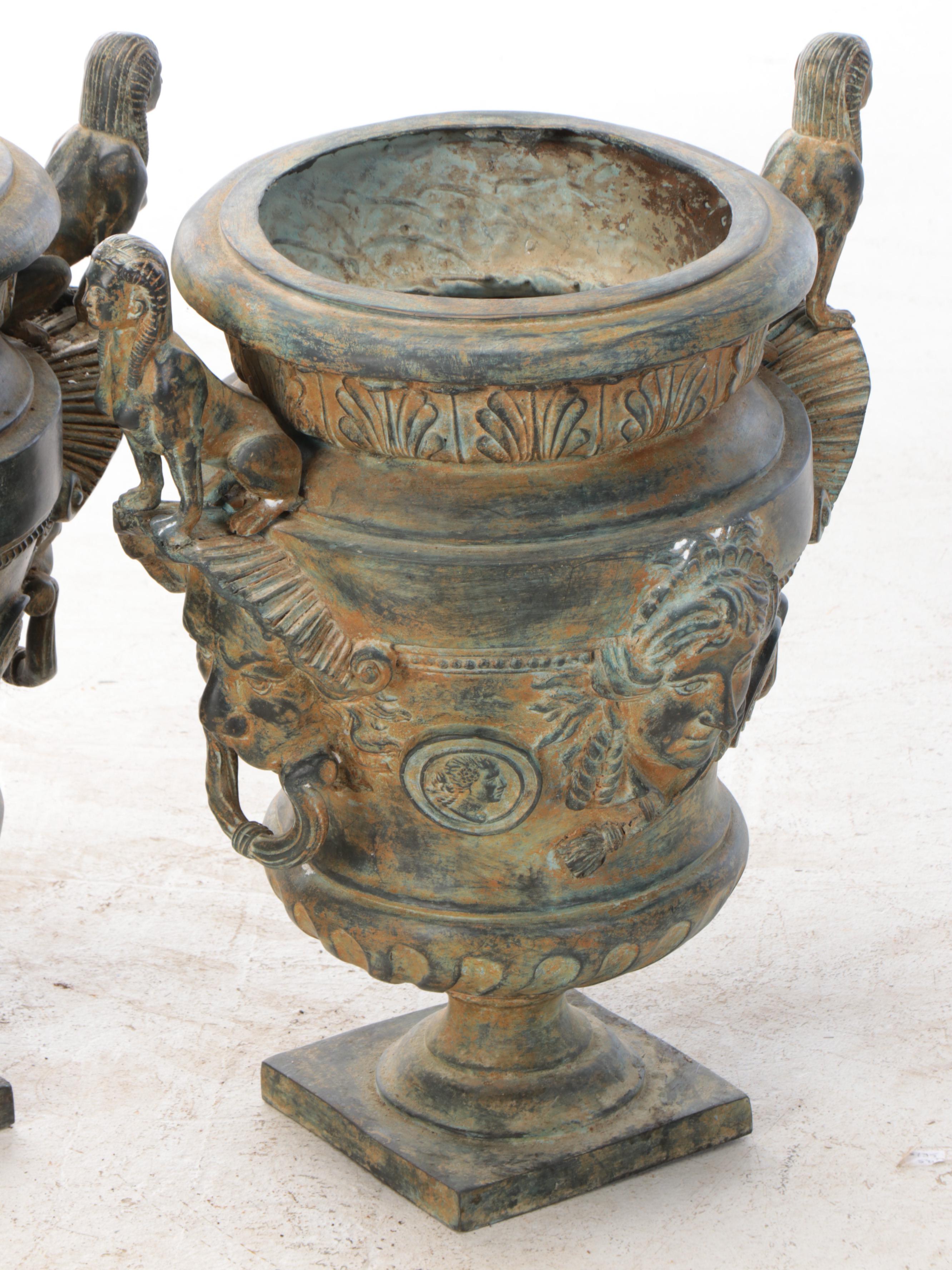 Egyptian Revival Style Garden Urns With Sphinx Handles and Mascarons