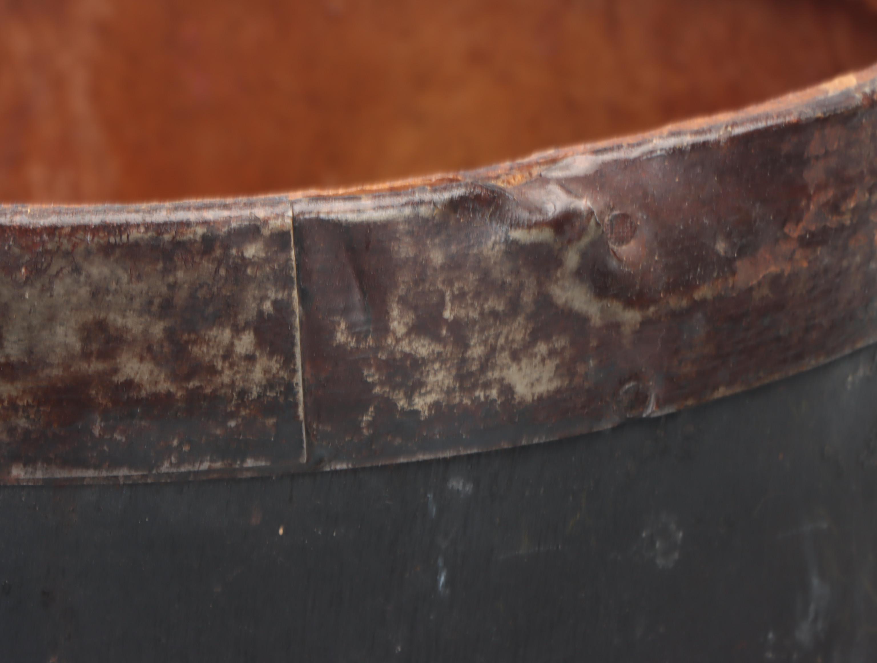 Painted Wood and Metal Lidded Round Box and Lidded Barrel