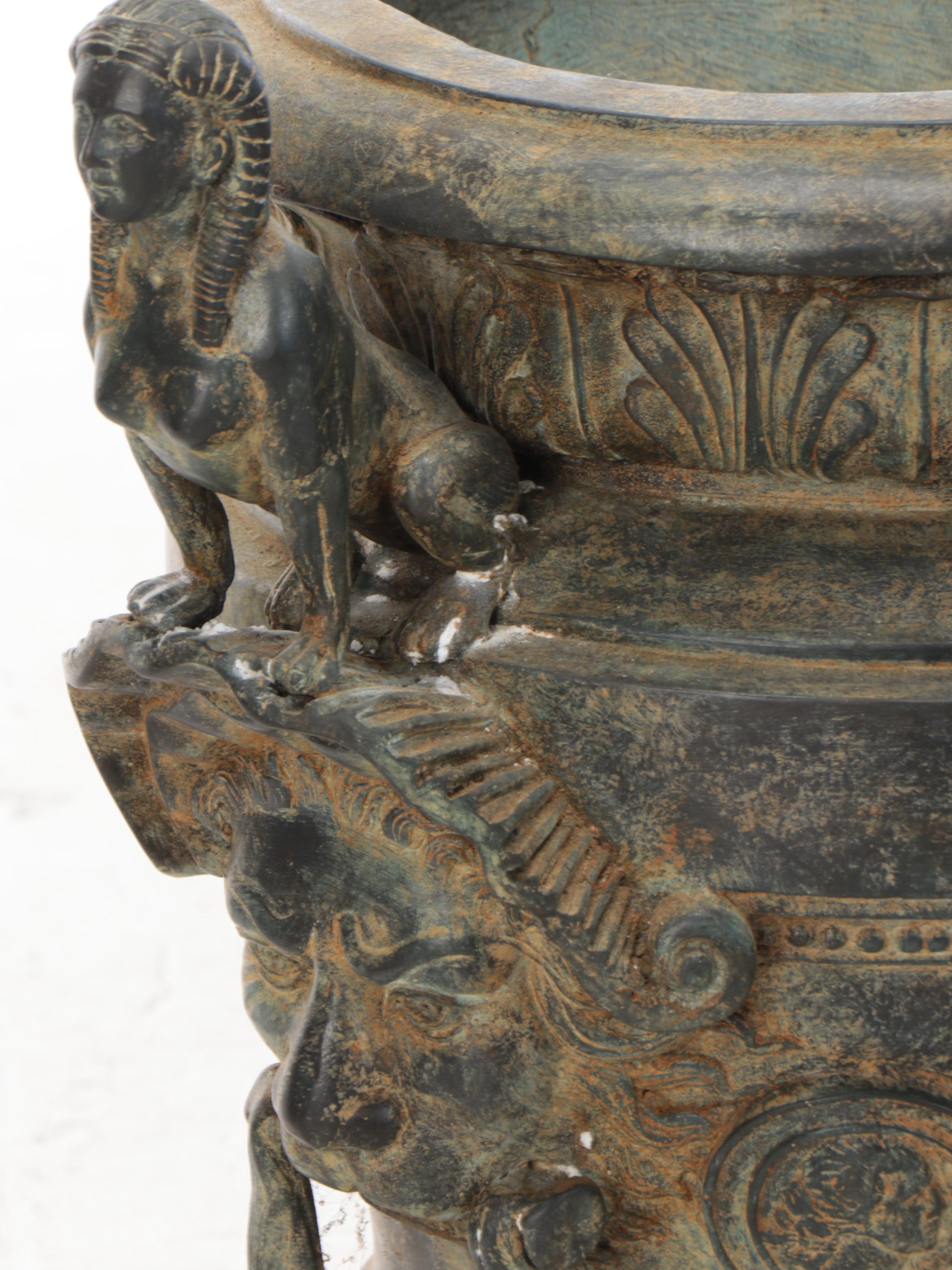 Egyptian Revival Style Garden Urns With Sphinx Handles and Mascarons