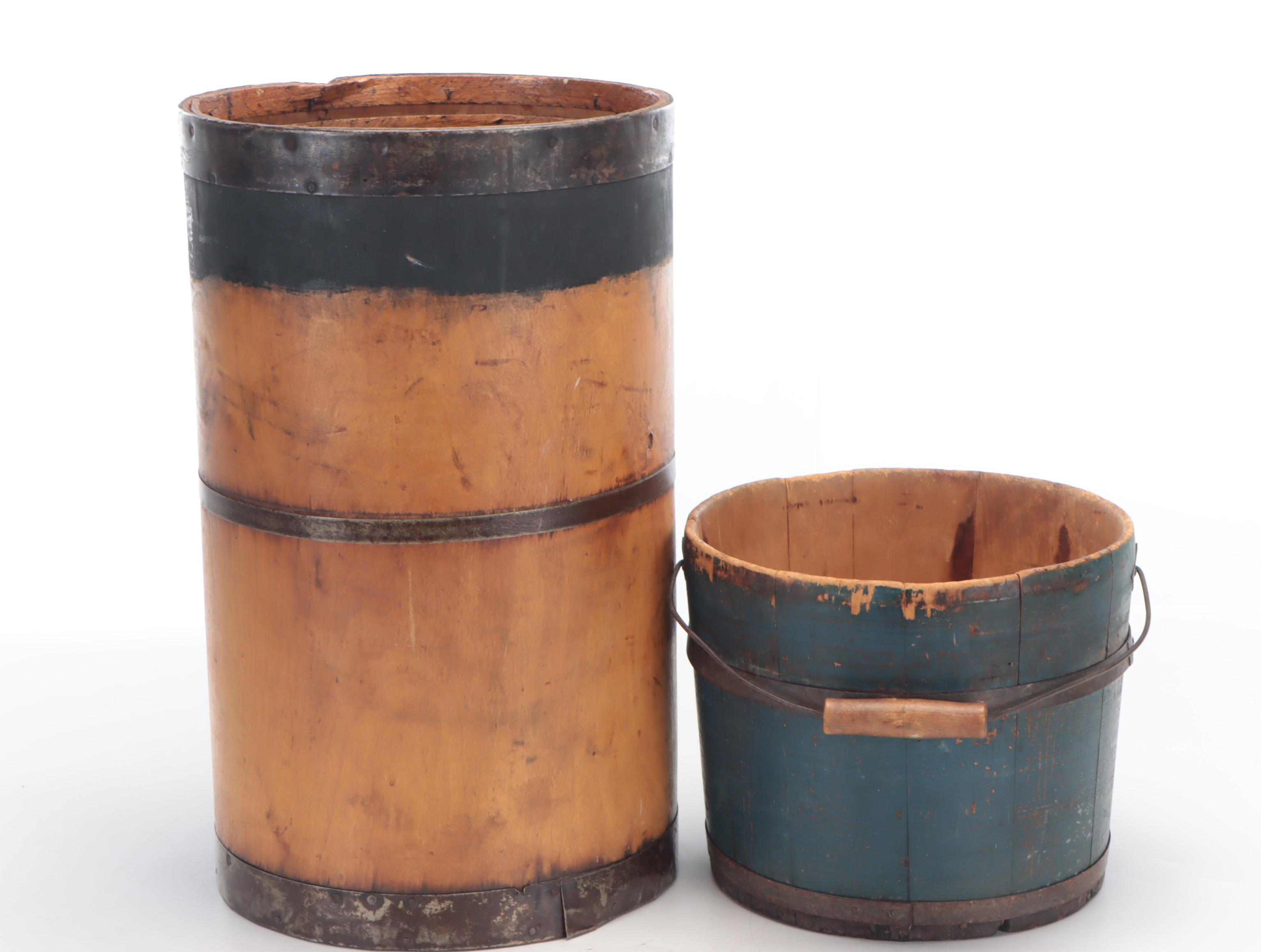 Painted Wood and Metal Lidded Round Box and Lidded Barrel