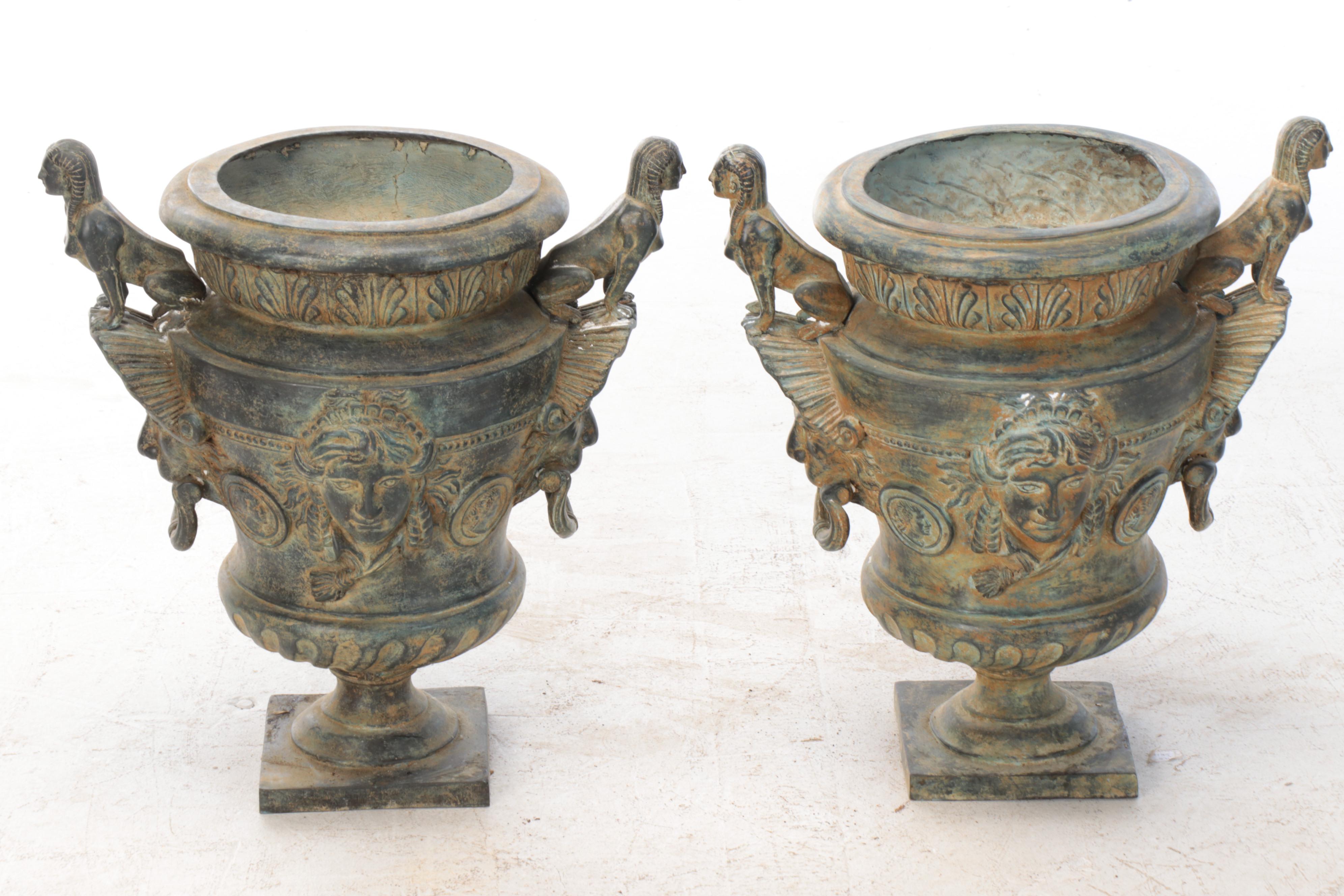 Egyptian Revival Style Garden Urns With Sphinx Handles and Mascarons