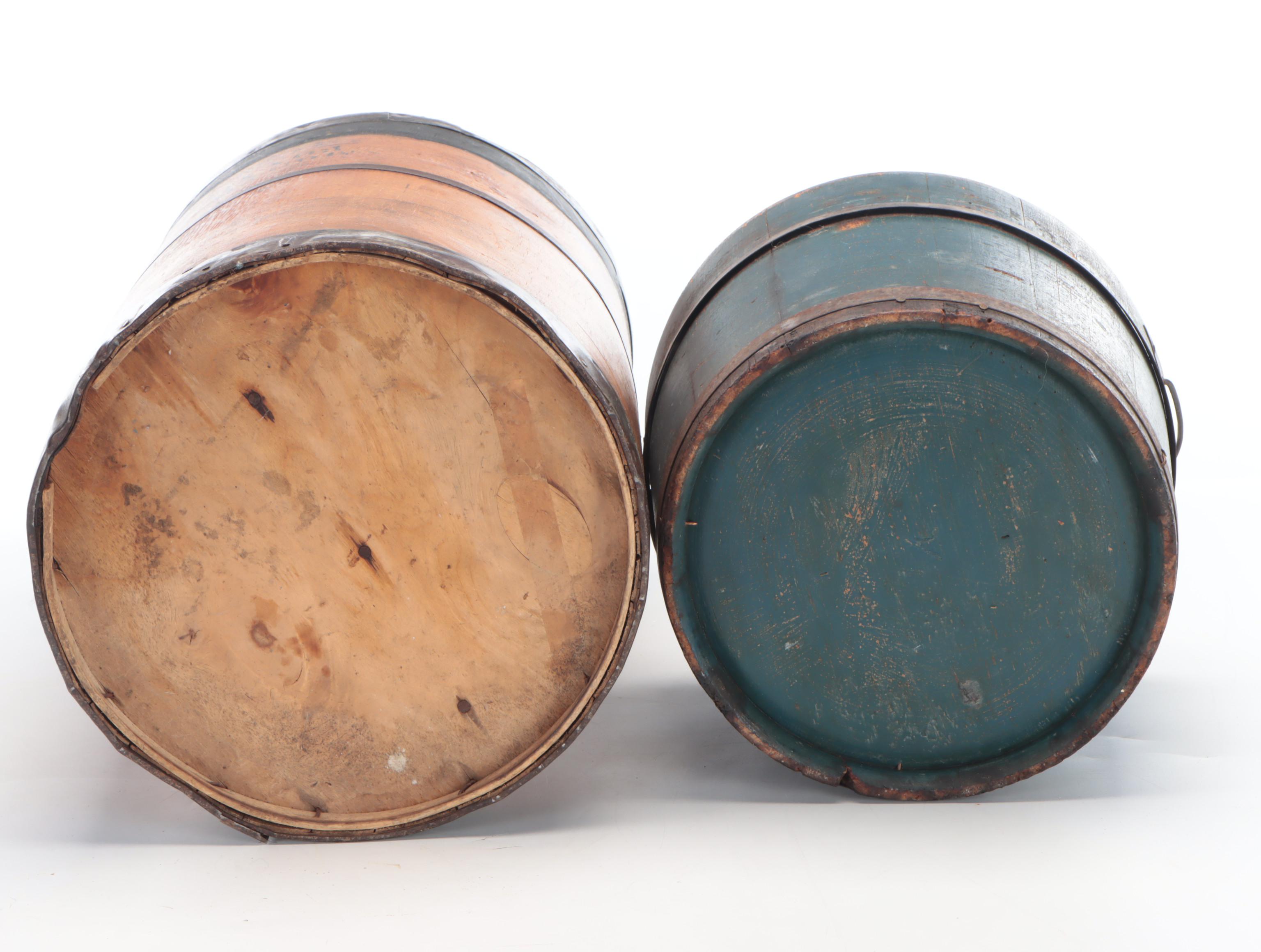 Painted Wood and Metal Lidded Round Box and Lidded Barrel