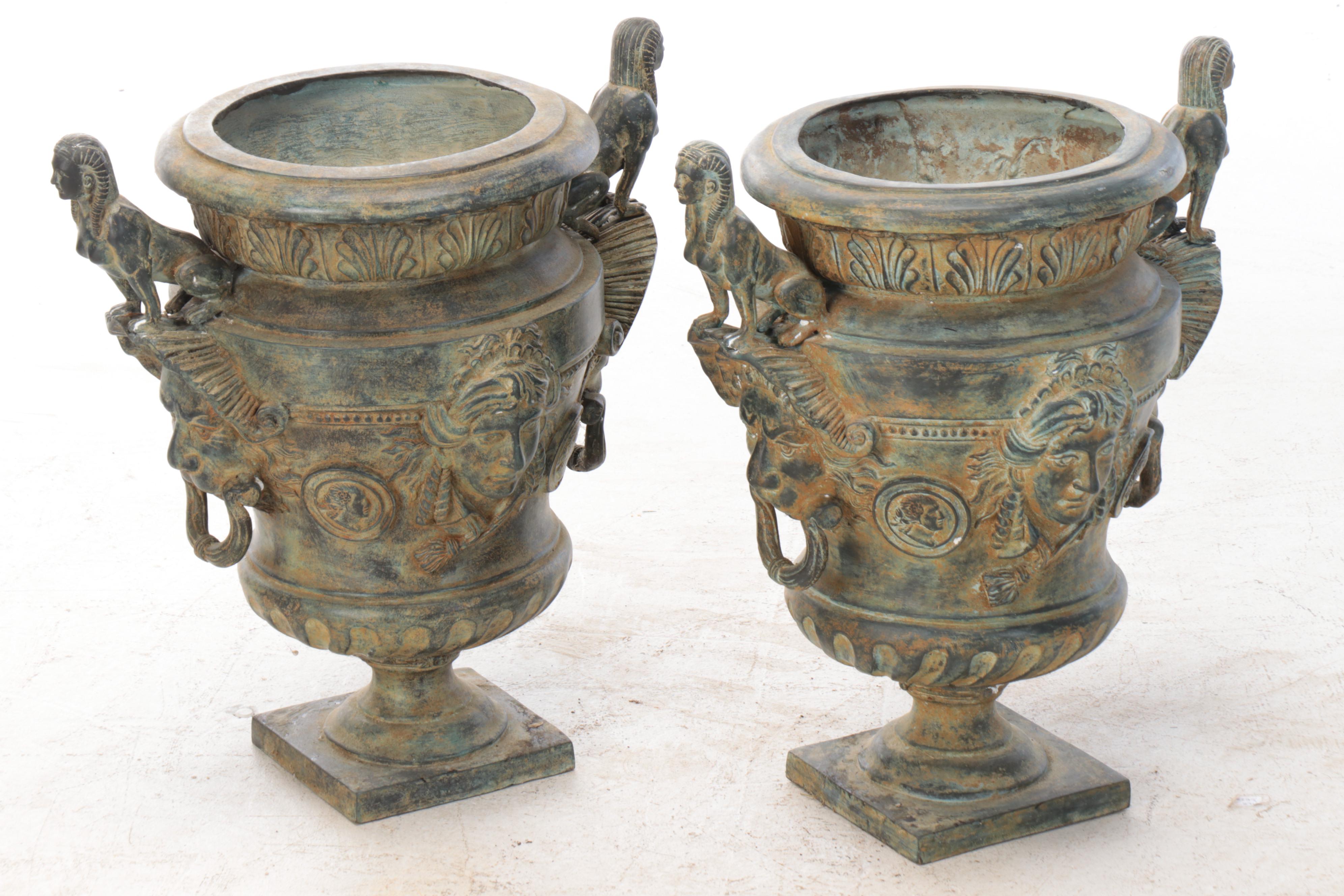 Egyptian Revival Style Garden Urns With Sphinx Handles and Mascarons