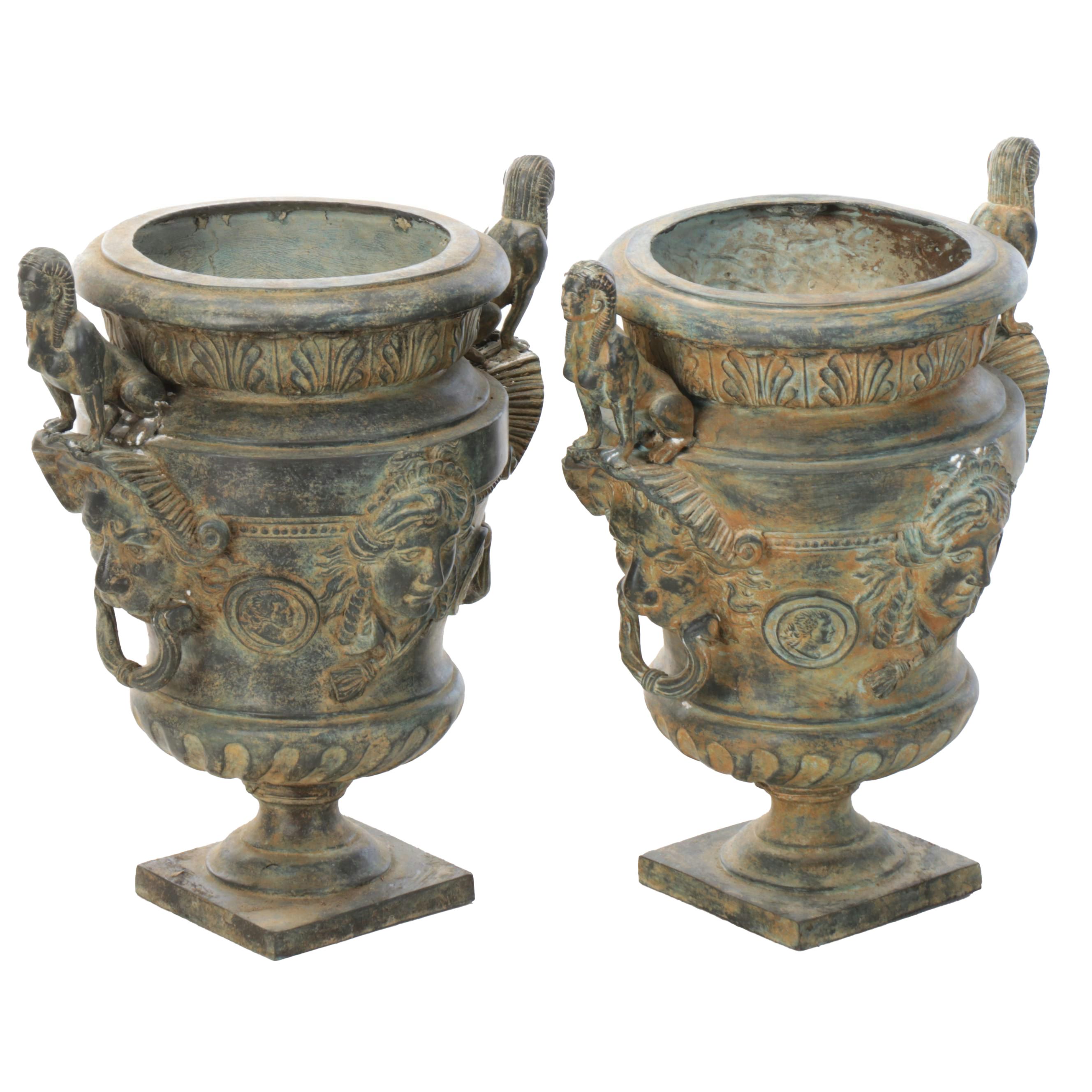 Egyptian Revival Style Garden Urns With Sphinx Handles and Mascarons