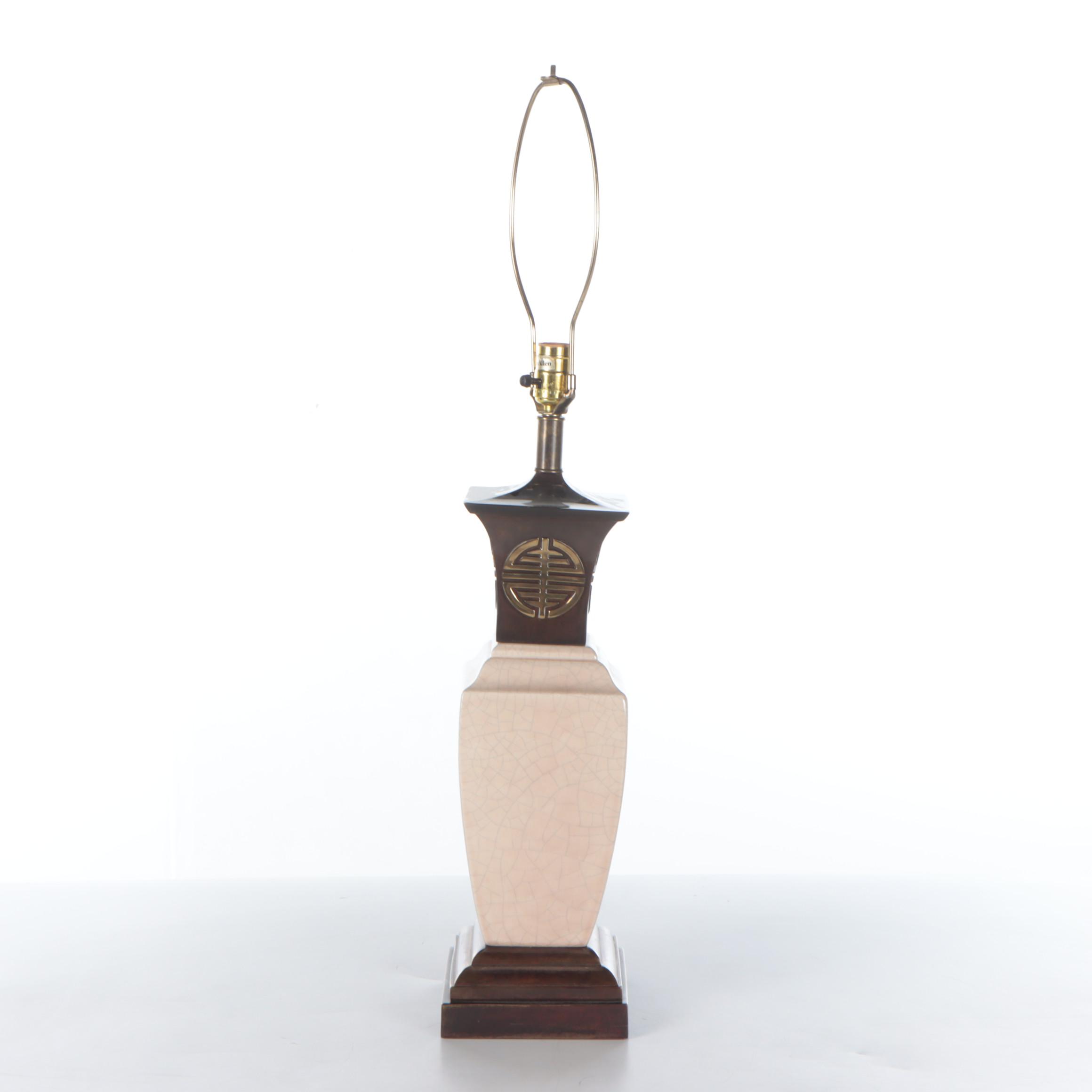 Ethan Allen Ceramic Angled Urn Form Table Lamp with Metal Base and Medallion