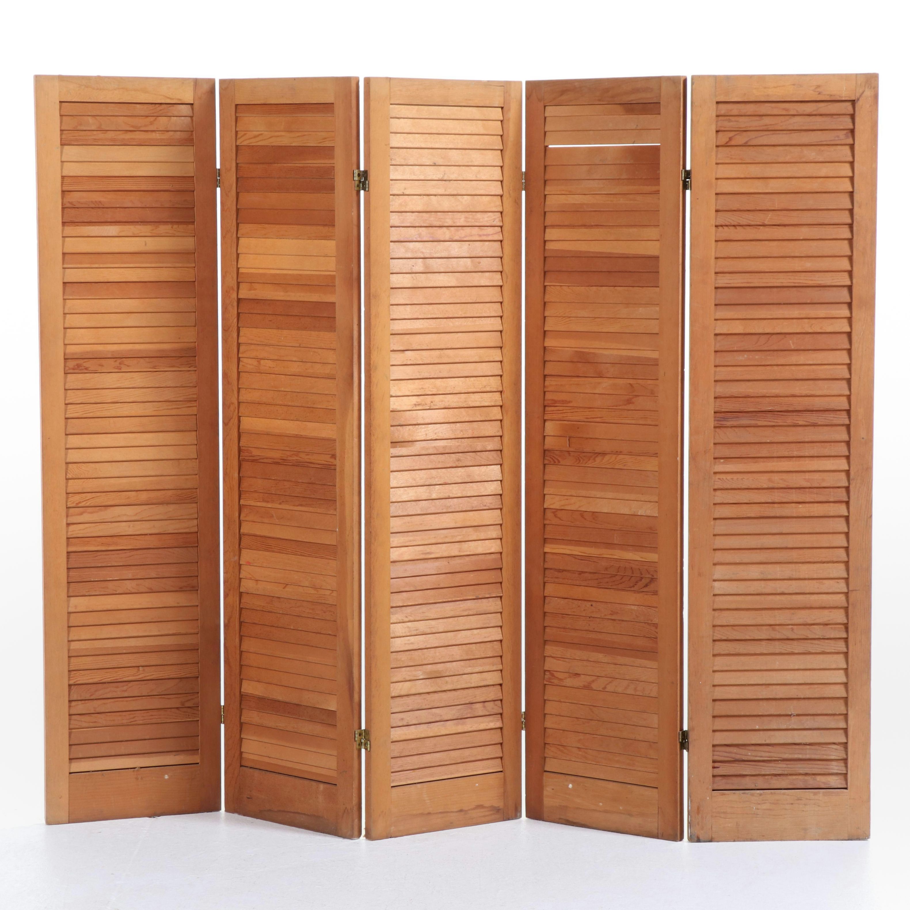 Slatted Pine Five-Fold Screen, 20th Century