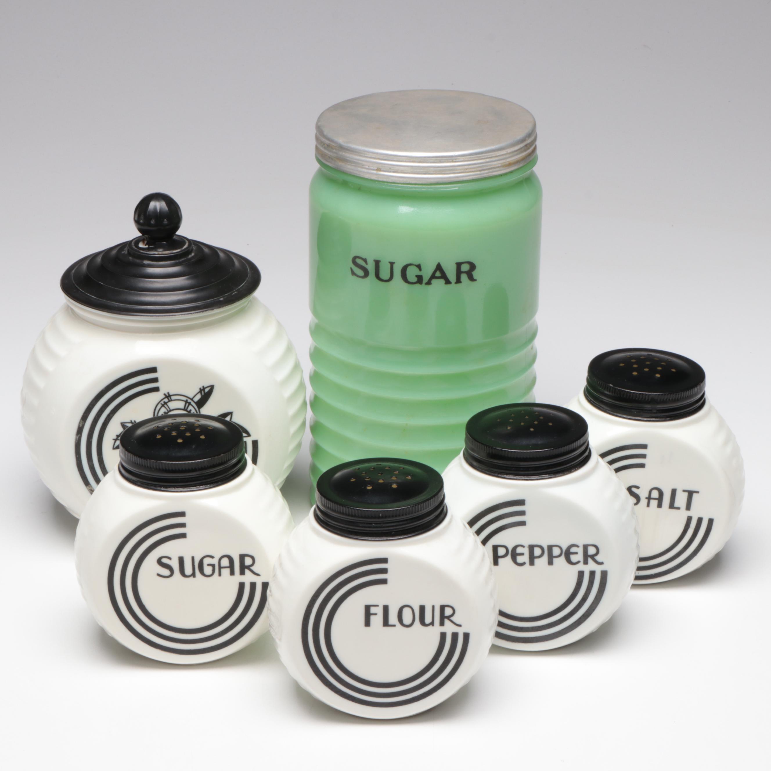 Anchor Hocking Art Deco Style Vitrock Glass and Jadeite Canisters