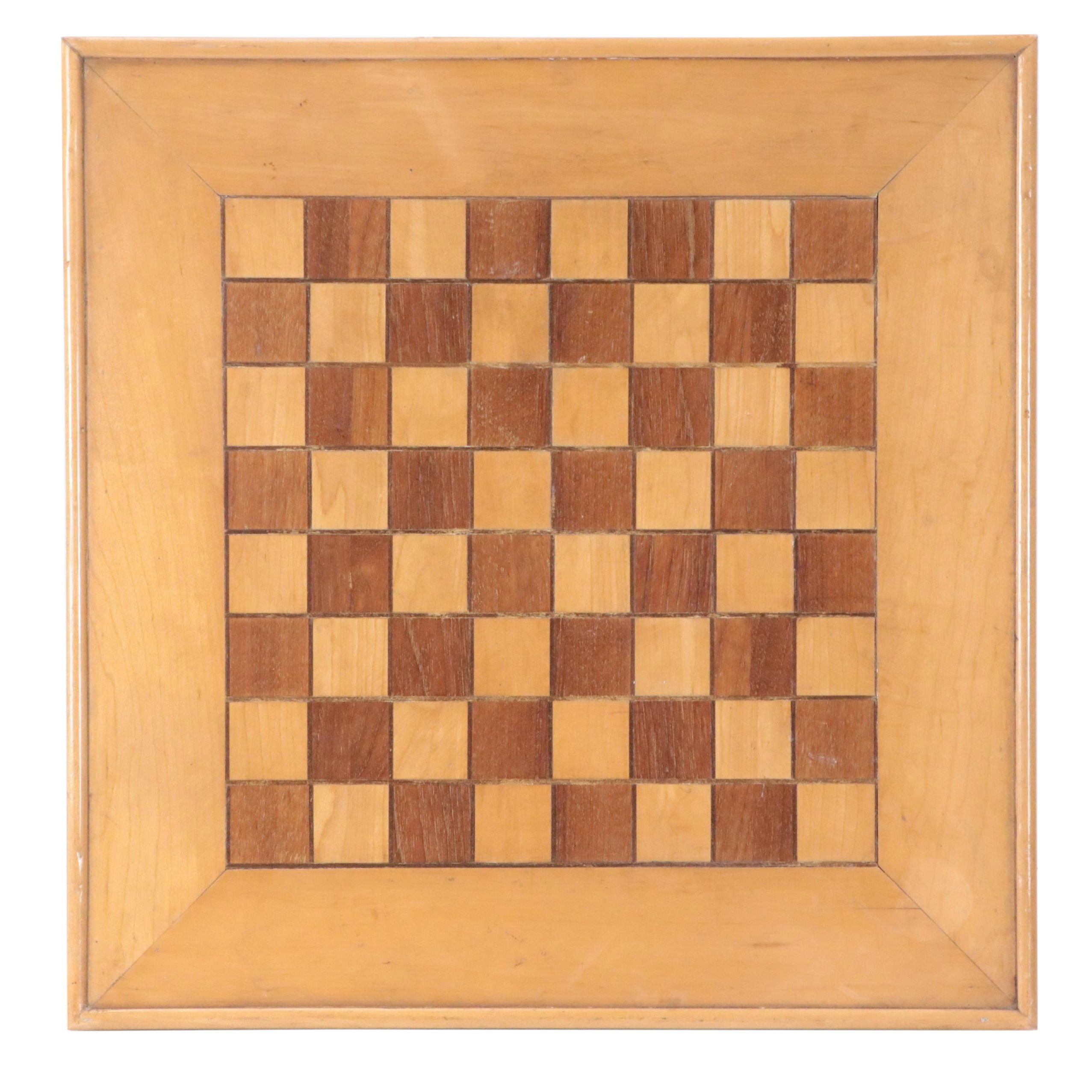 Inlaid Wood Checkerboard with Game Pieces, Early 20th Century