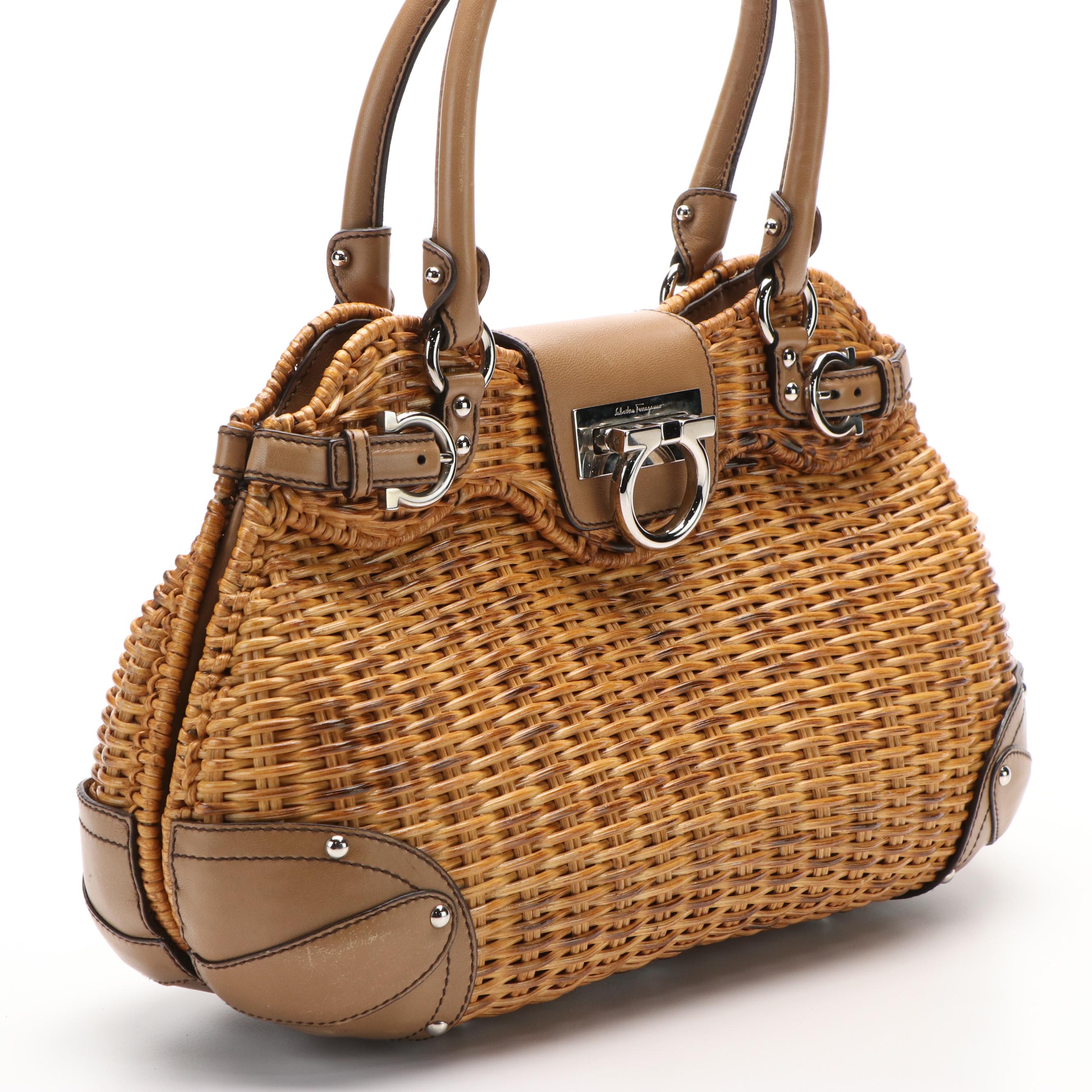 Salvatore Ferragamo Marissa Gancini Woven Wicker Basket and Leather Handle Bag