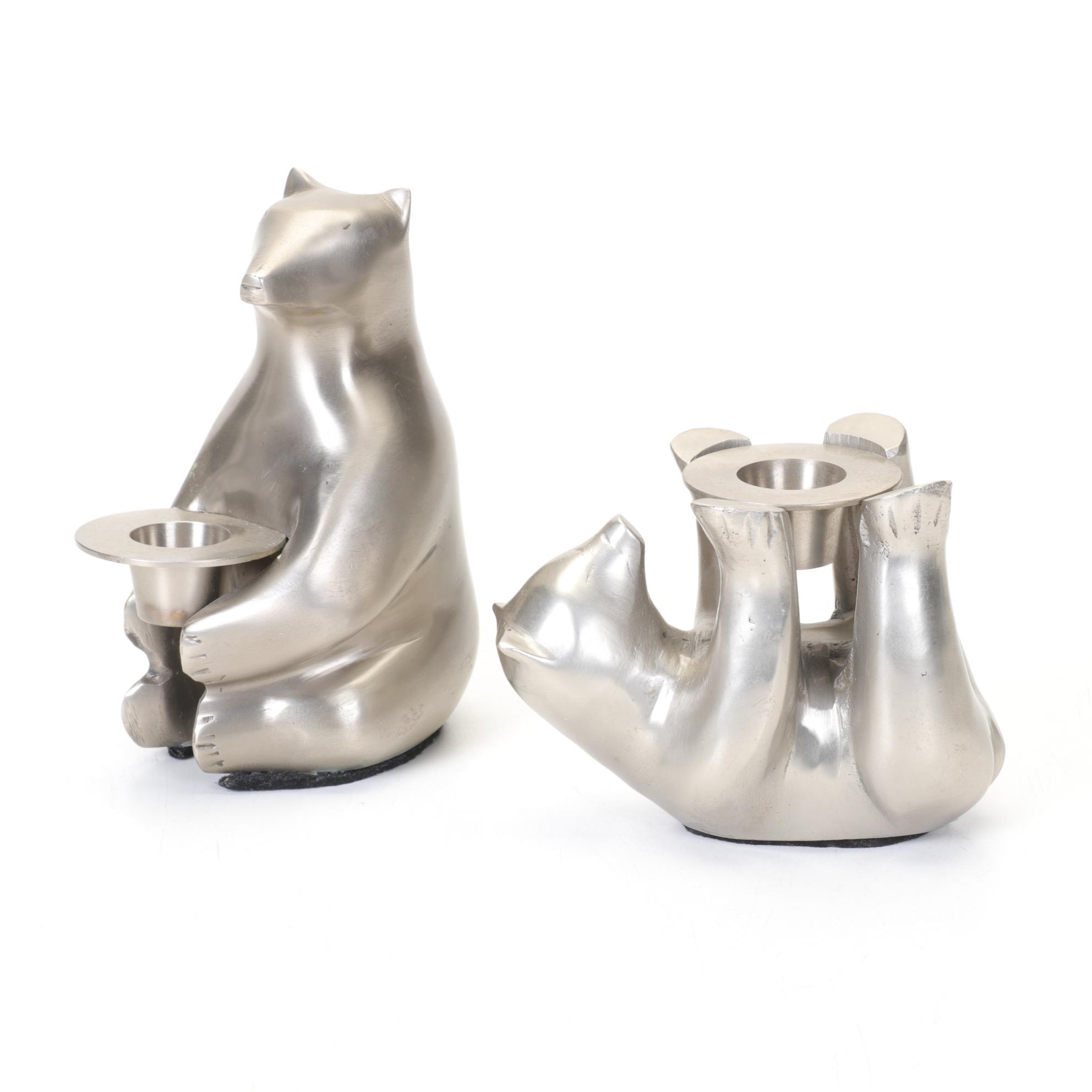 Two Restoration Hardware Pewter Bear Candle Holders