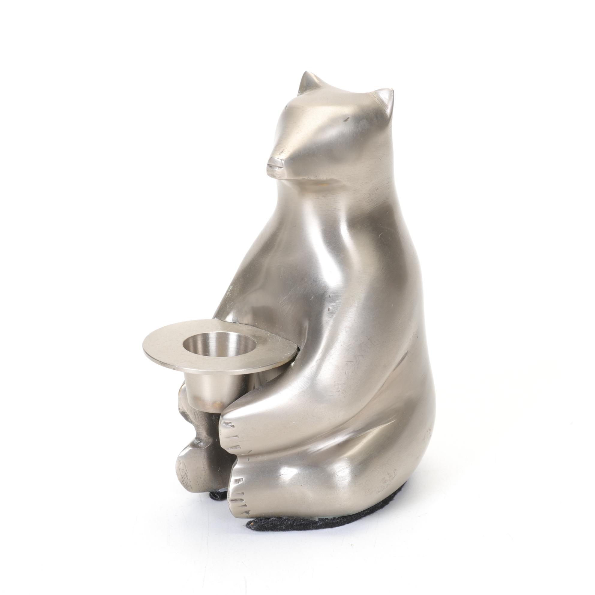 Two Restoration Hardware Pewter Bear Candle Holders