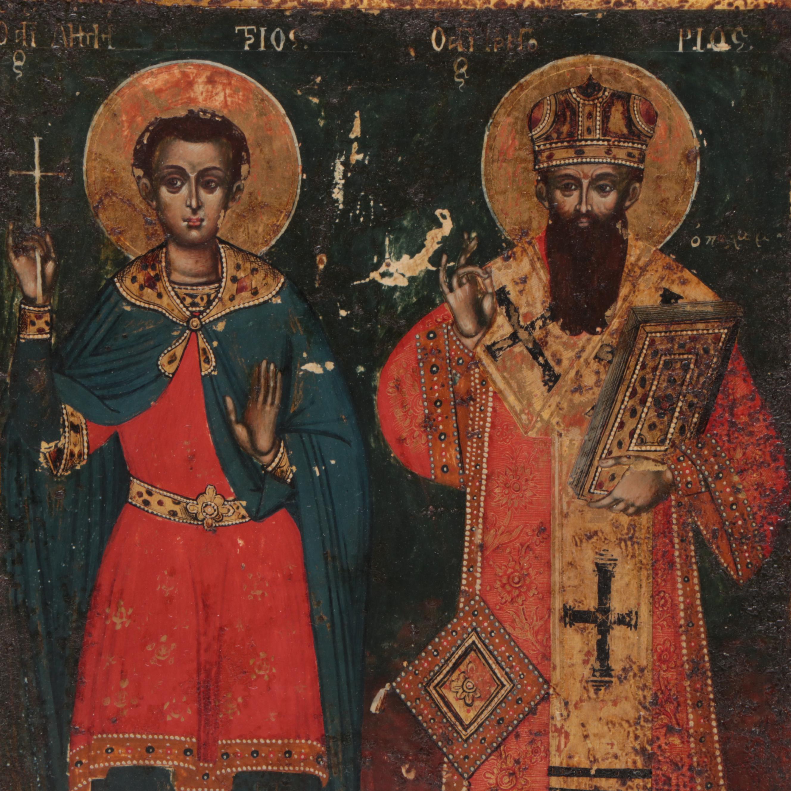 Greek Orthodox Icon of Two Saints, 17th-18th Century