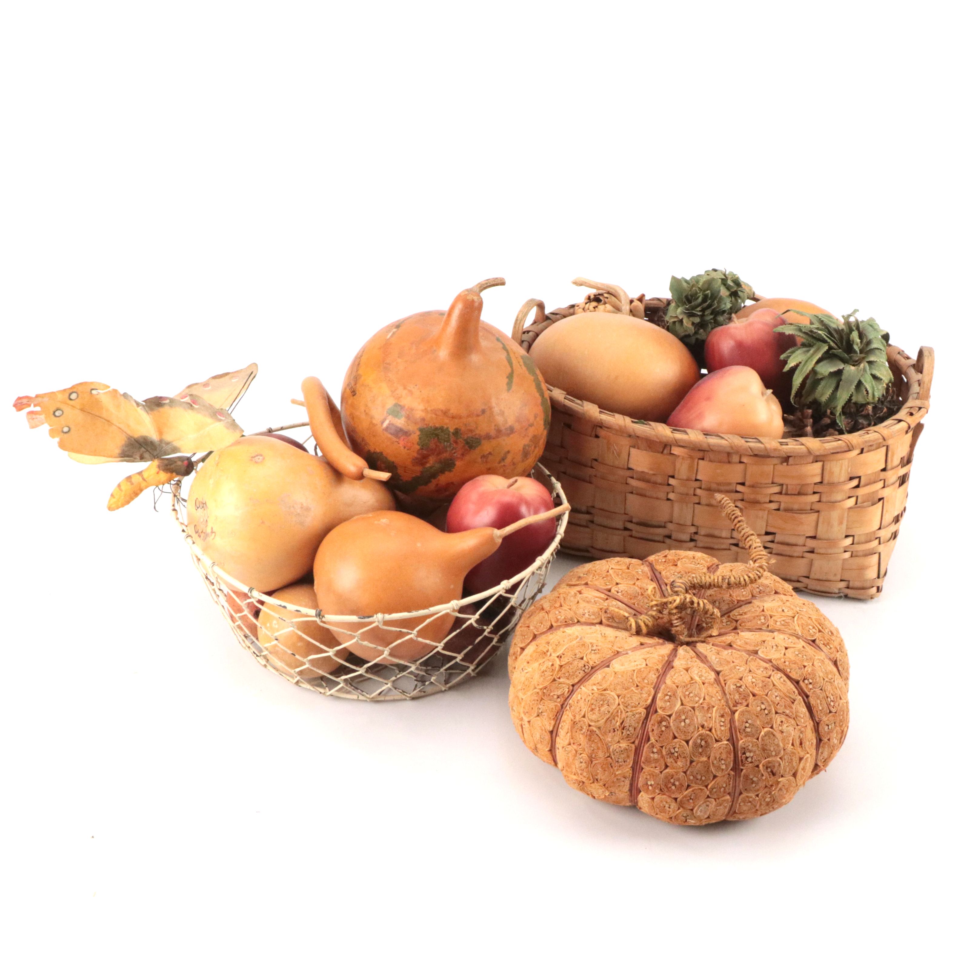 Woven Wood Splint and Metal Wire Baskets with Decorative Gourds and Produce