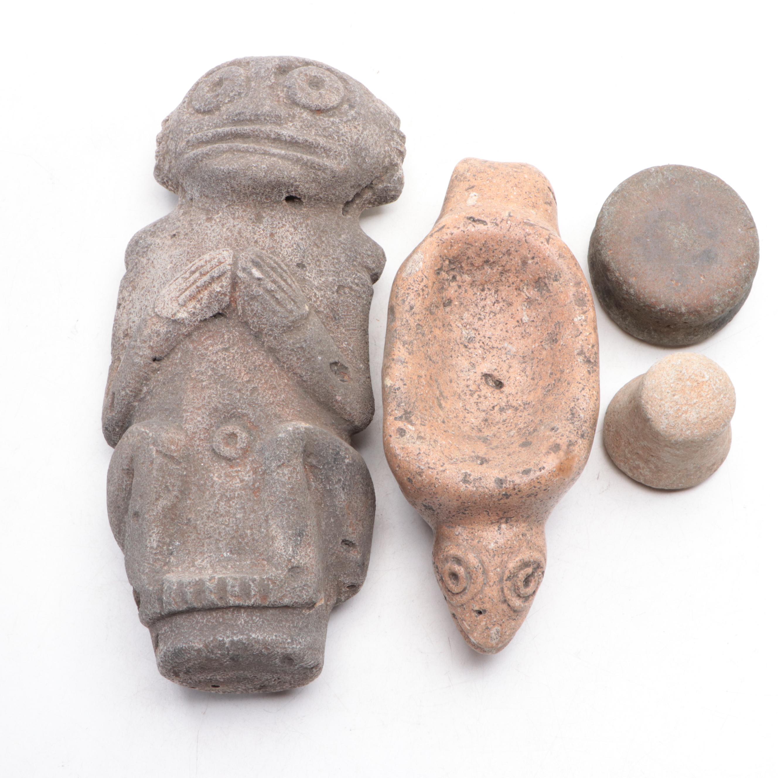 Pre-Columbian Type Pottery Lamp, Carved Pumice Stone Figure and More