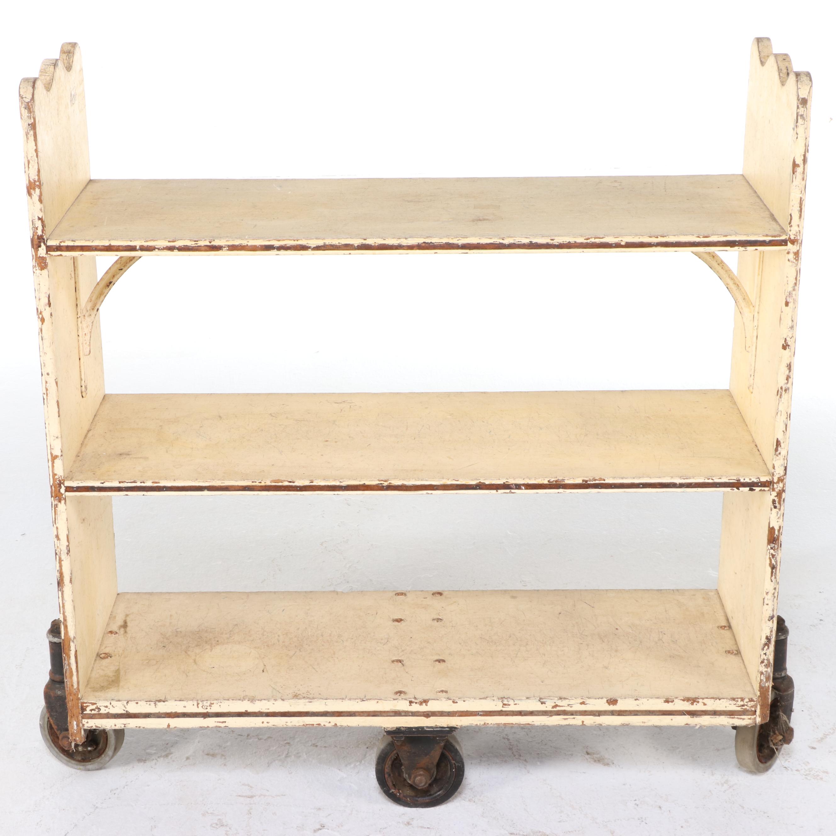 American Iron-Mounted & Painted-Oak Three-Tier Library Cart, Early 20th Century