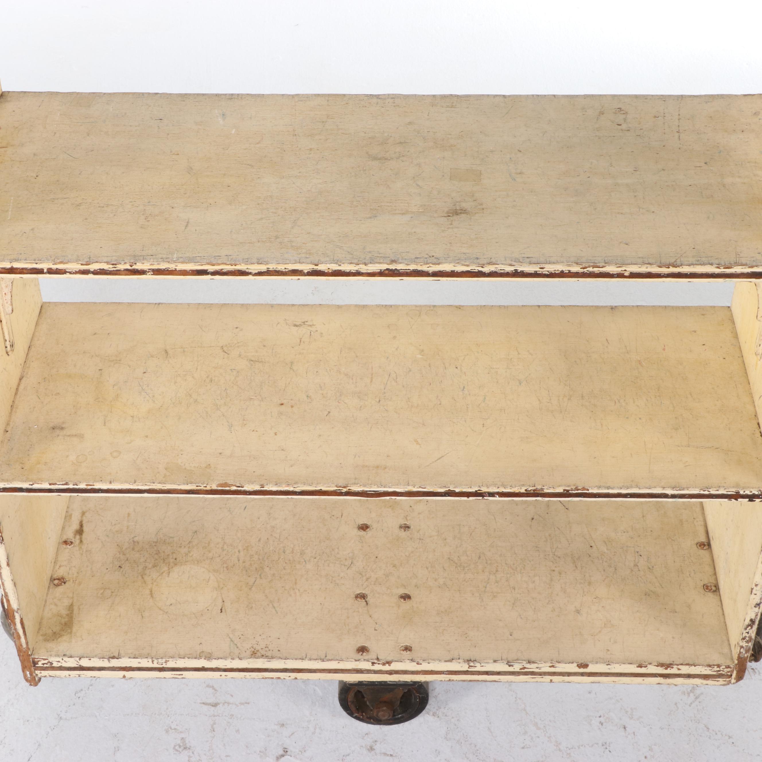 American Iron-Mounted & Painted-Oak Three-Tier Library Cart, Early 20th Century