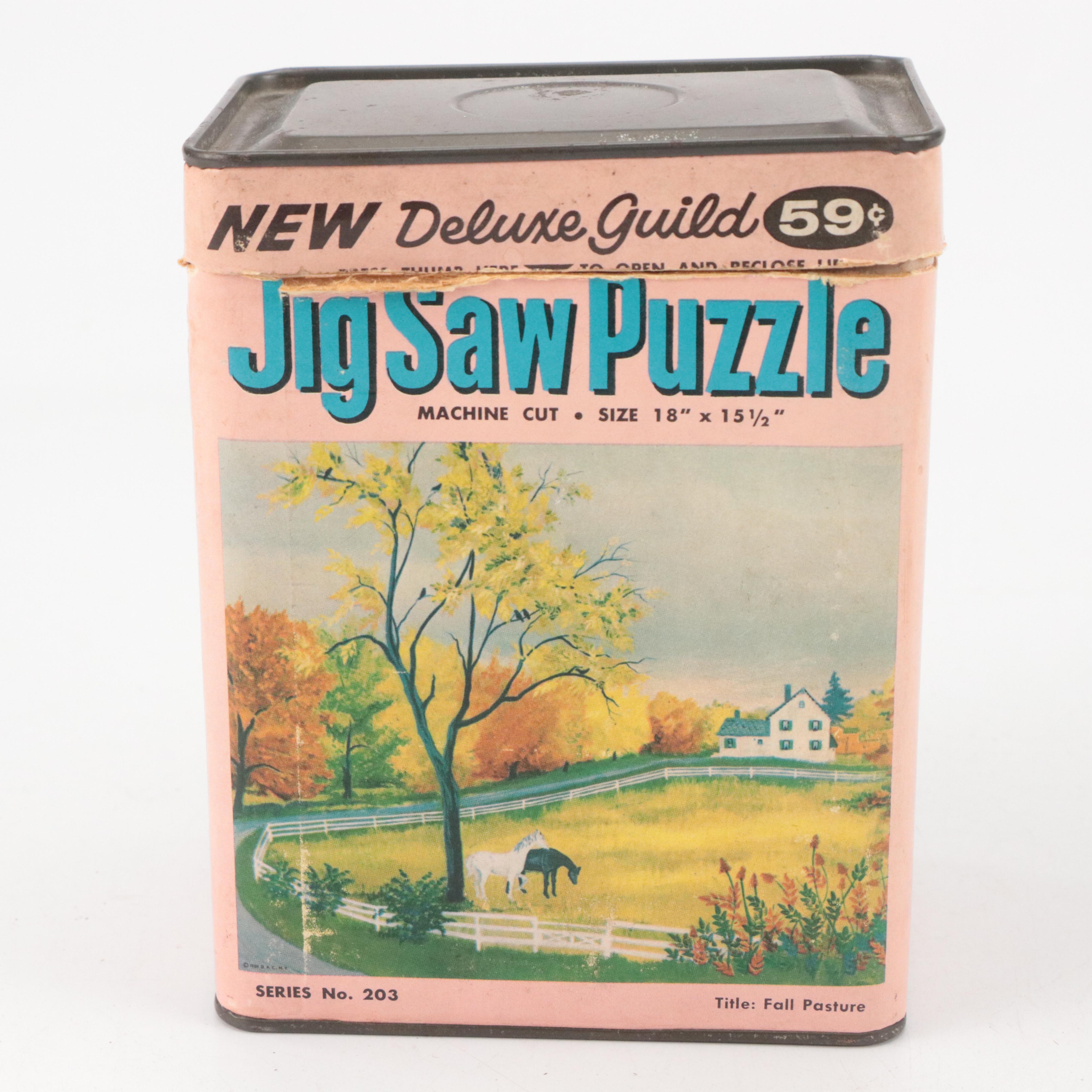 Cast Metal Toy Wheelbarrows and Wagon with Fall Pasture Jigsaw Puzzle and More