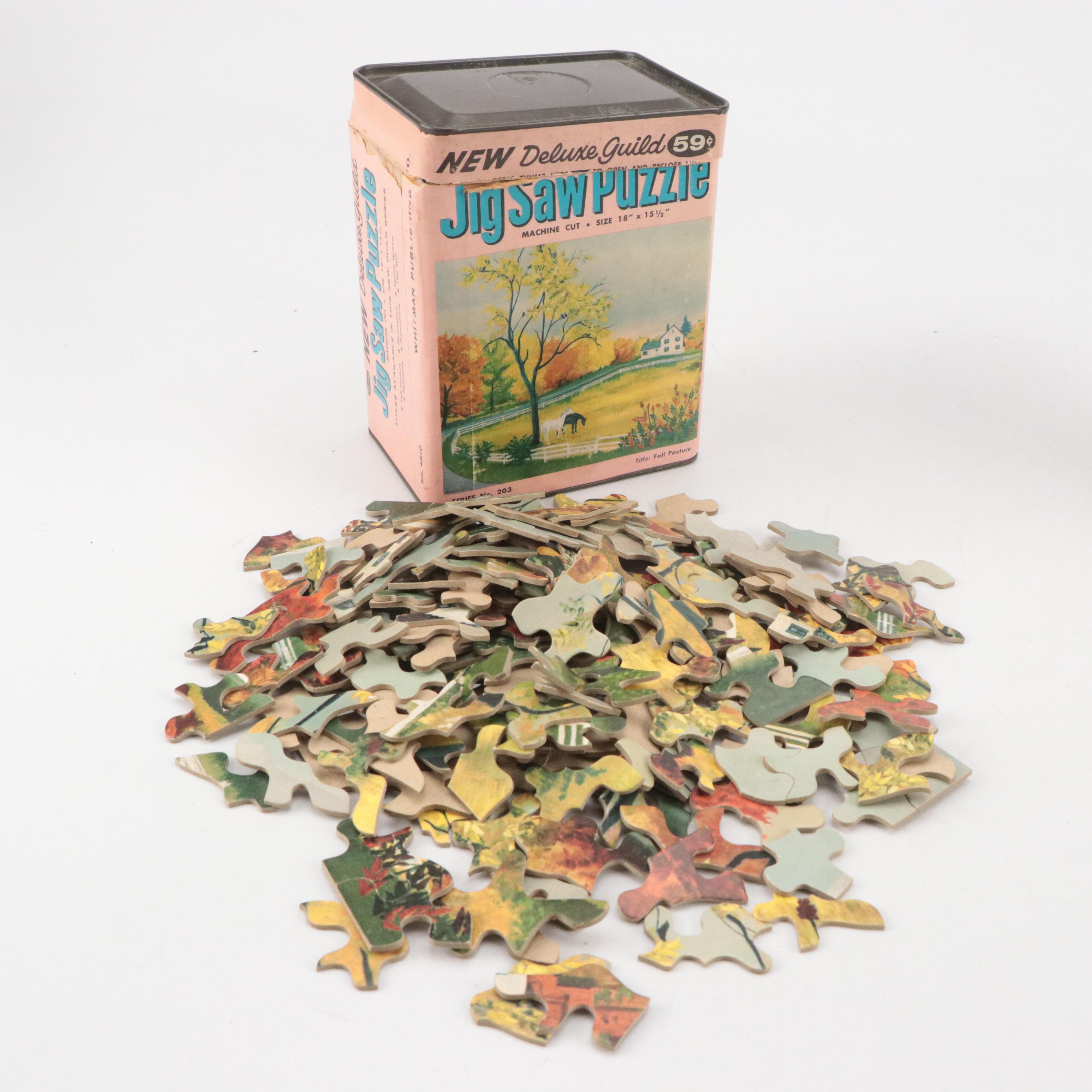 Cast Metal Toy Wheelbarrows and Wagon with Fall Pasture Jigsaw Puzzle and More