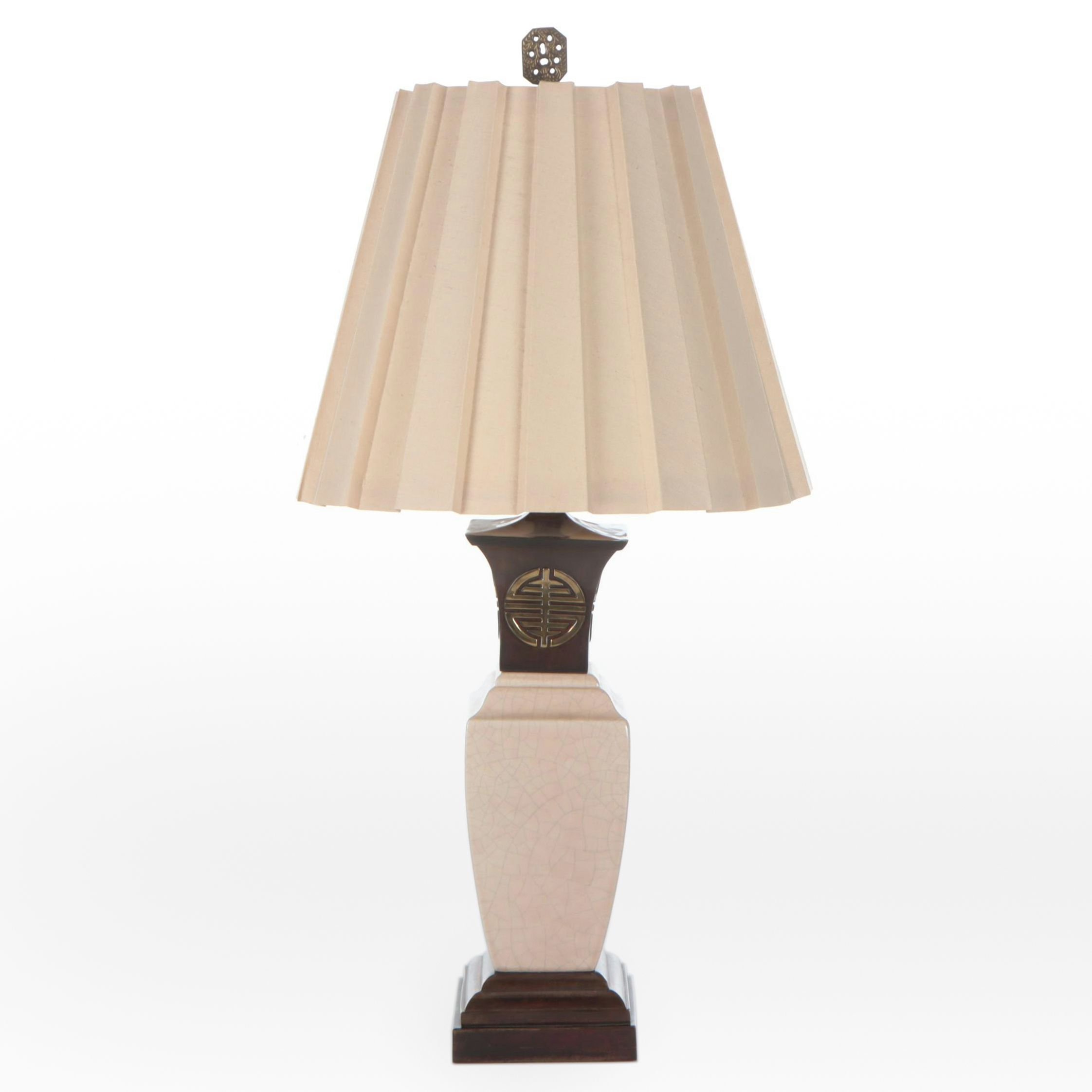 Ethan Allen Ceramic Angled Urn Form Table Lamp with Metal Base and Medallion