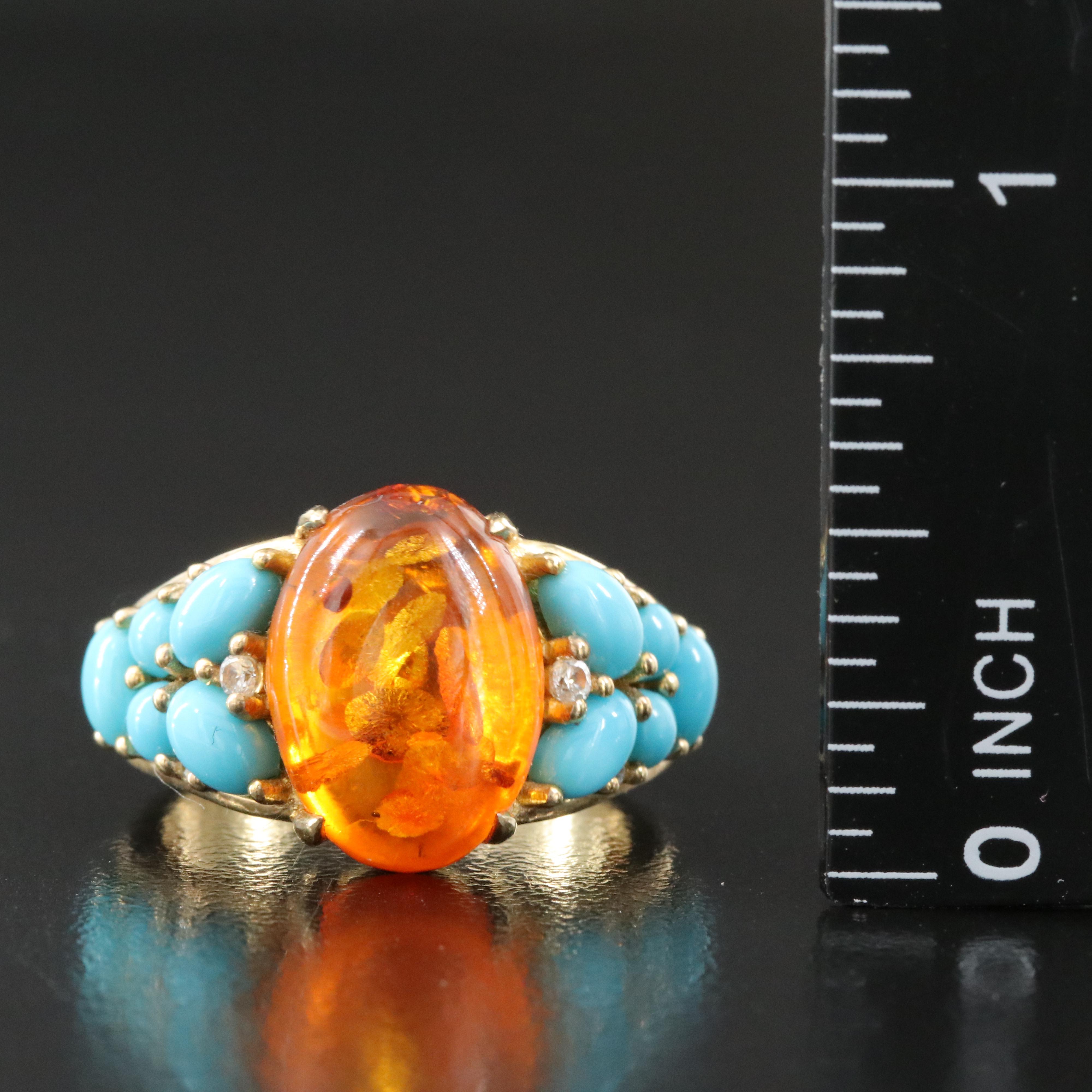 Sterling Amber, Turquoise and Zircon Ring