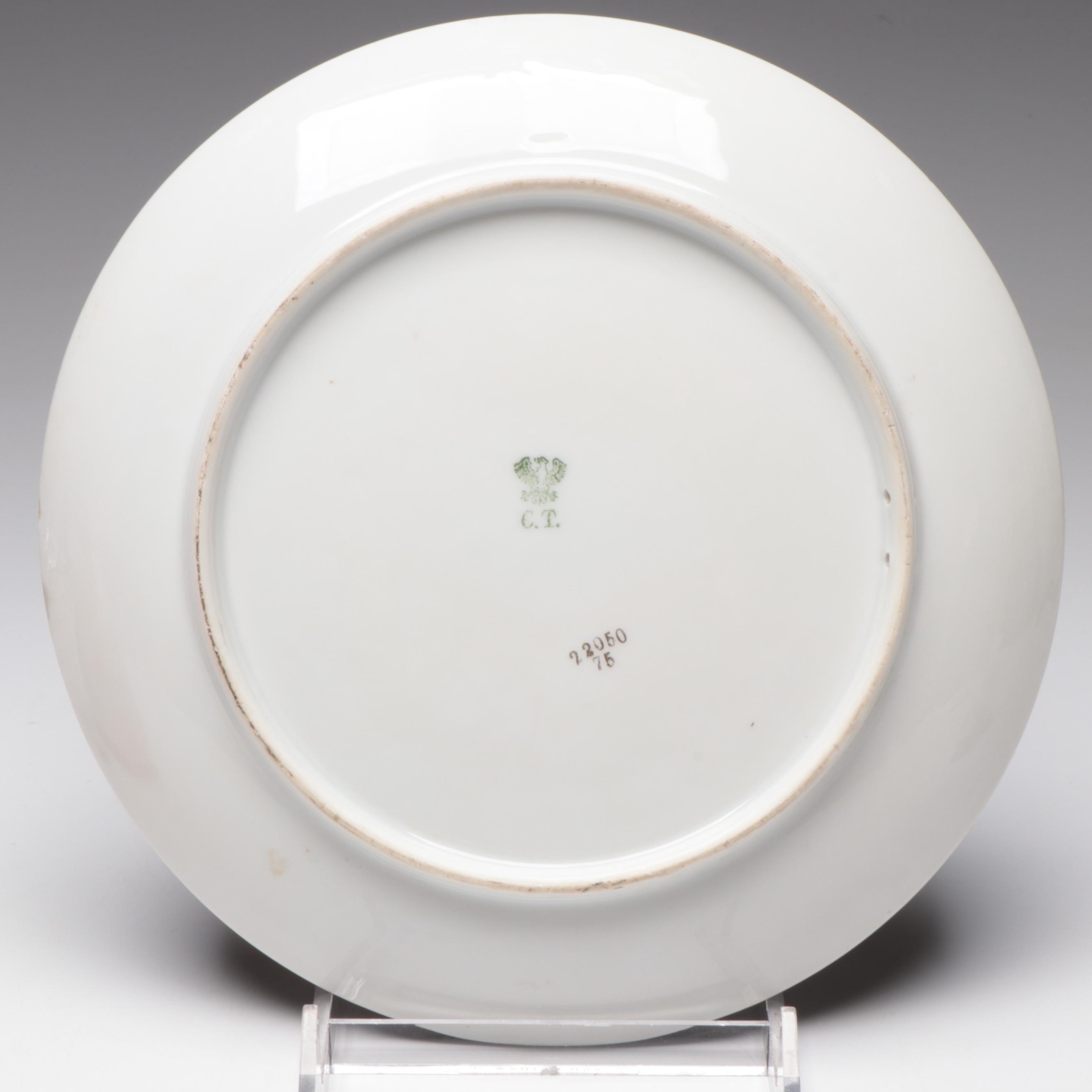 German C.T. Altwasser Porcelain Plate with Porcelain and Blown Glass Vases